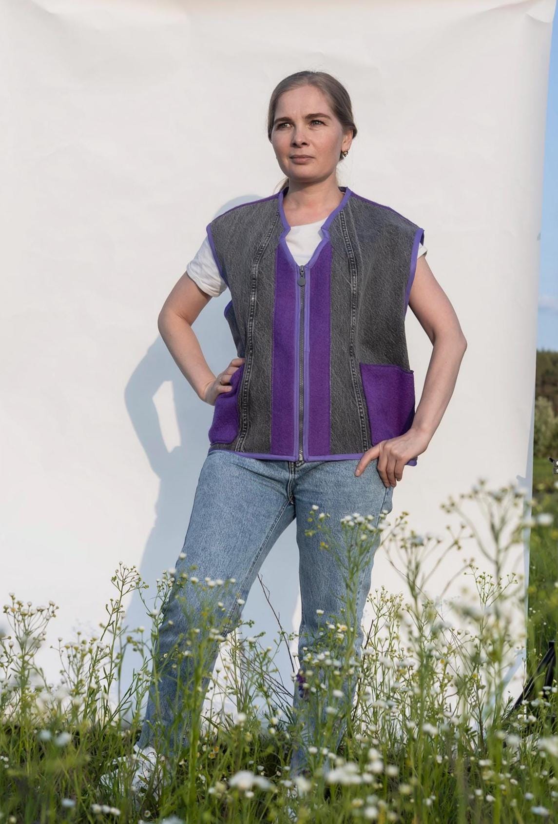 Upcycled Wool Vest with Denim Accents,Purple and Gray Vintage Sleeveless Jacket,Eco-Friendly Warm Gilet,Handmade in Ukraine Size M/L, gift.