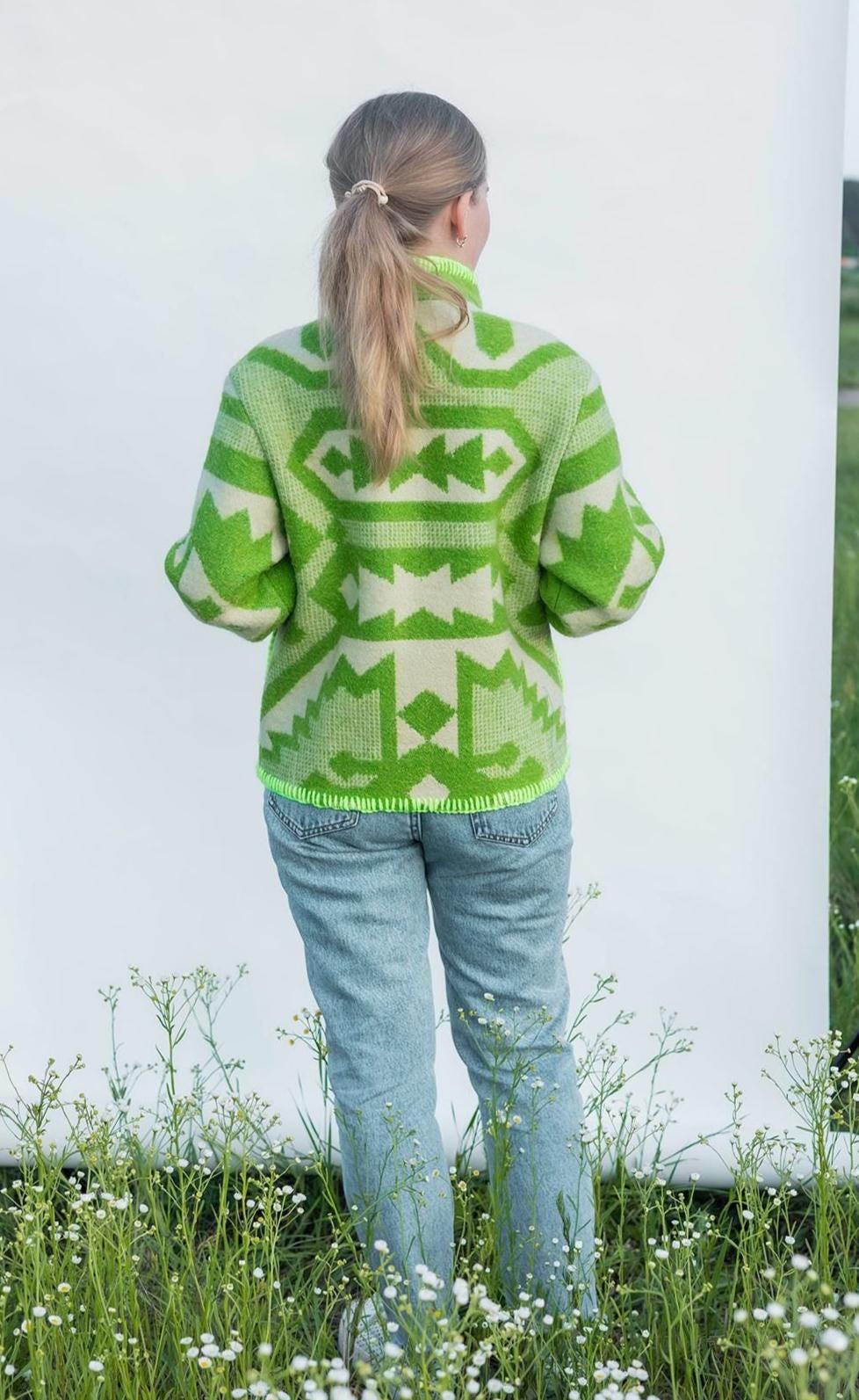 Wool Blanket Jacket Size S/M, vintage Boho Green Geometric Folk Coat Handmade Upcycled Eco Wool Outerwear, Ukrainian Wool, gift for her.