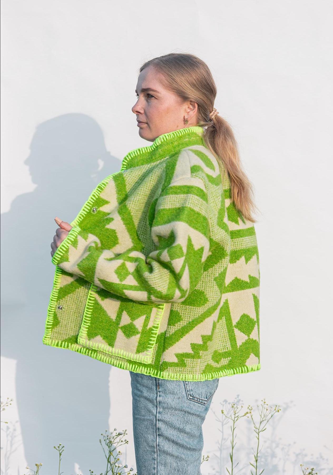 Wool Blanket Jacket Size S/M, vintage Boho Green Geometric Folk Coat Handmade Upcycled Eco Wool Outerwear, Ukrainian Wool, gift for her.