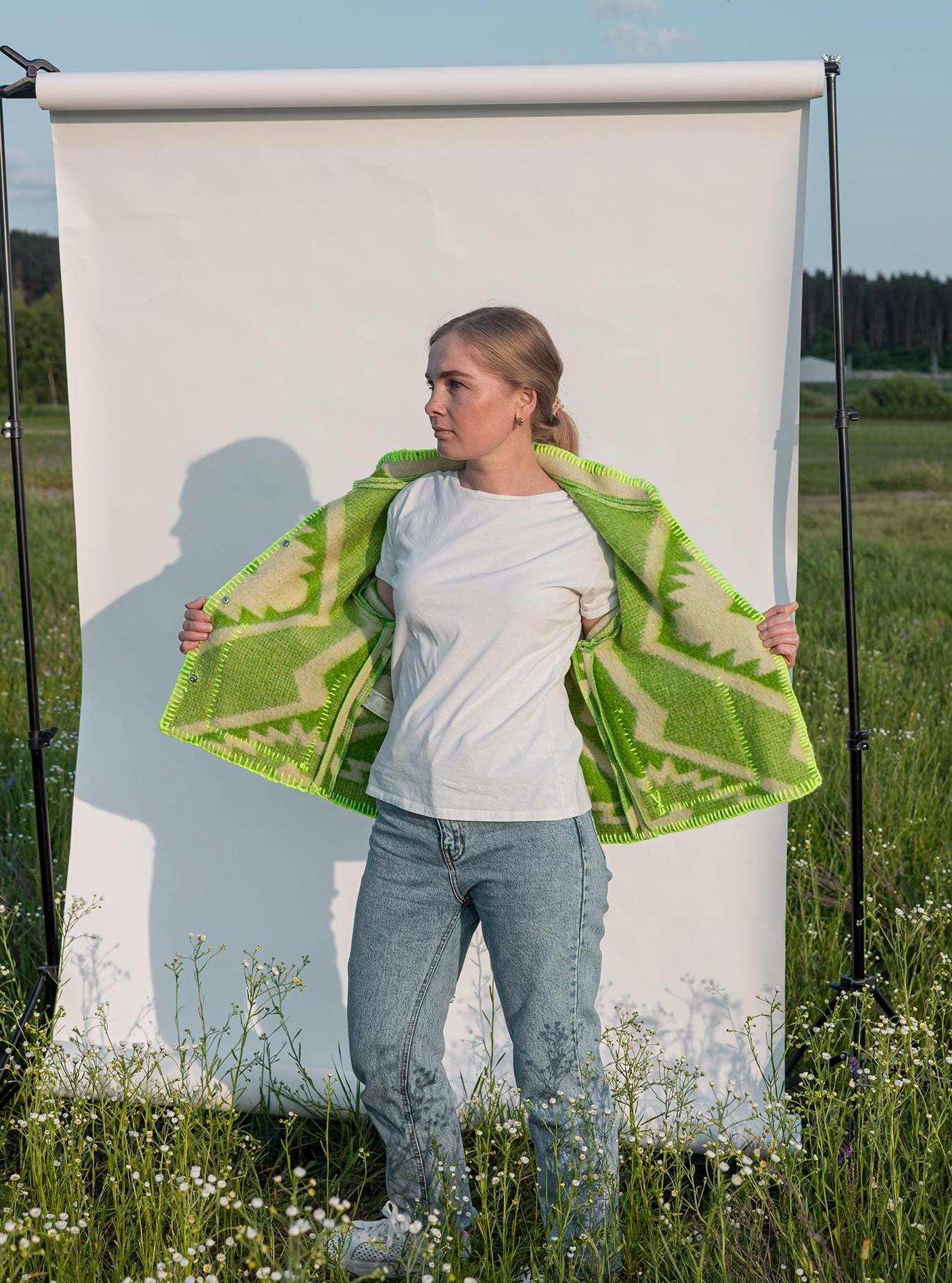 Wool Blanket Jacket Size S/M, vintage Boho Green Geometric Folk Coat Handmade Upcycled Eco Wool Outerwear, Ukrainian Wool, gift for her.