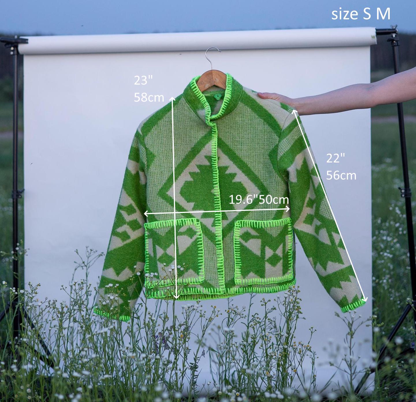 Wool Blanket Jacket Size S/M, vintage Boho Green Geometric Folk Coat Handmade Upcycled Eco Wool Outerwear, Ukrainian Wool, gift for her.