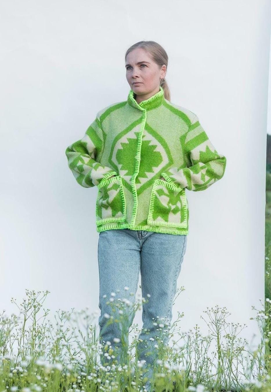 Wool Blanket Jacket Size S/M, vintage Boho Green Geometric Folk Coat Handmade Upcycled Eco Wool Outerwear, Ukrainian Wool, gift for her.