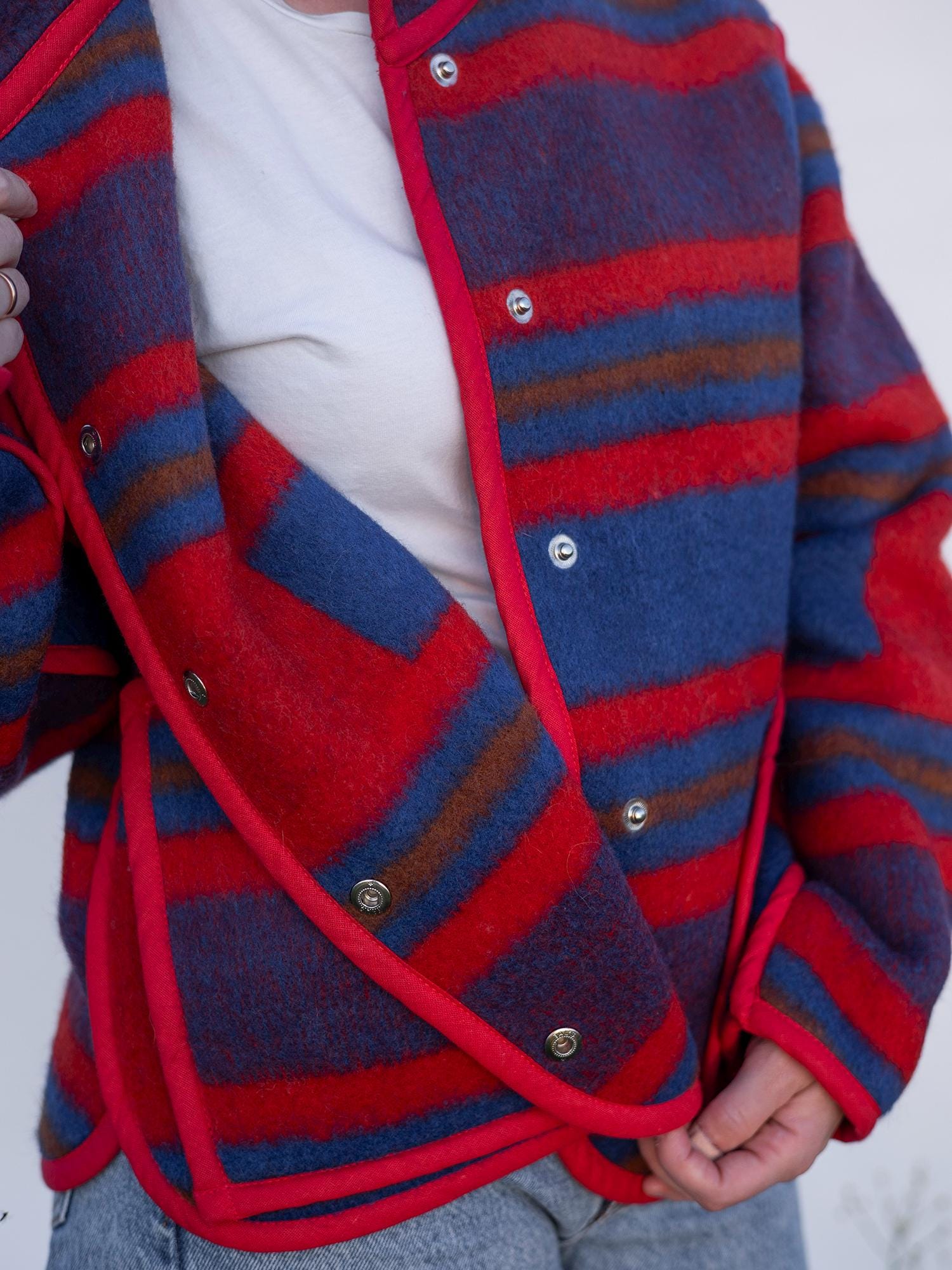Upcycled Wool Blanket Jacket, Red Blue Striped Coat Handmade Folk Outerwear,Vintage Recycled Wool Size M,wollen jacket womens,gift for her.
