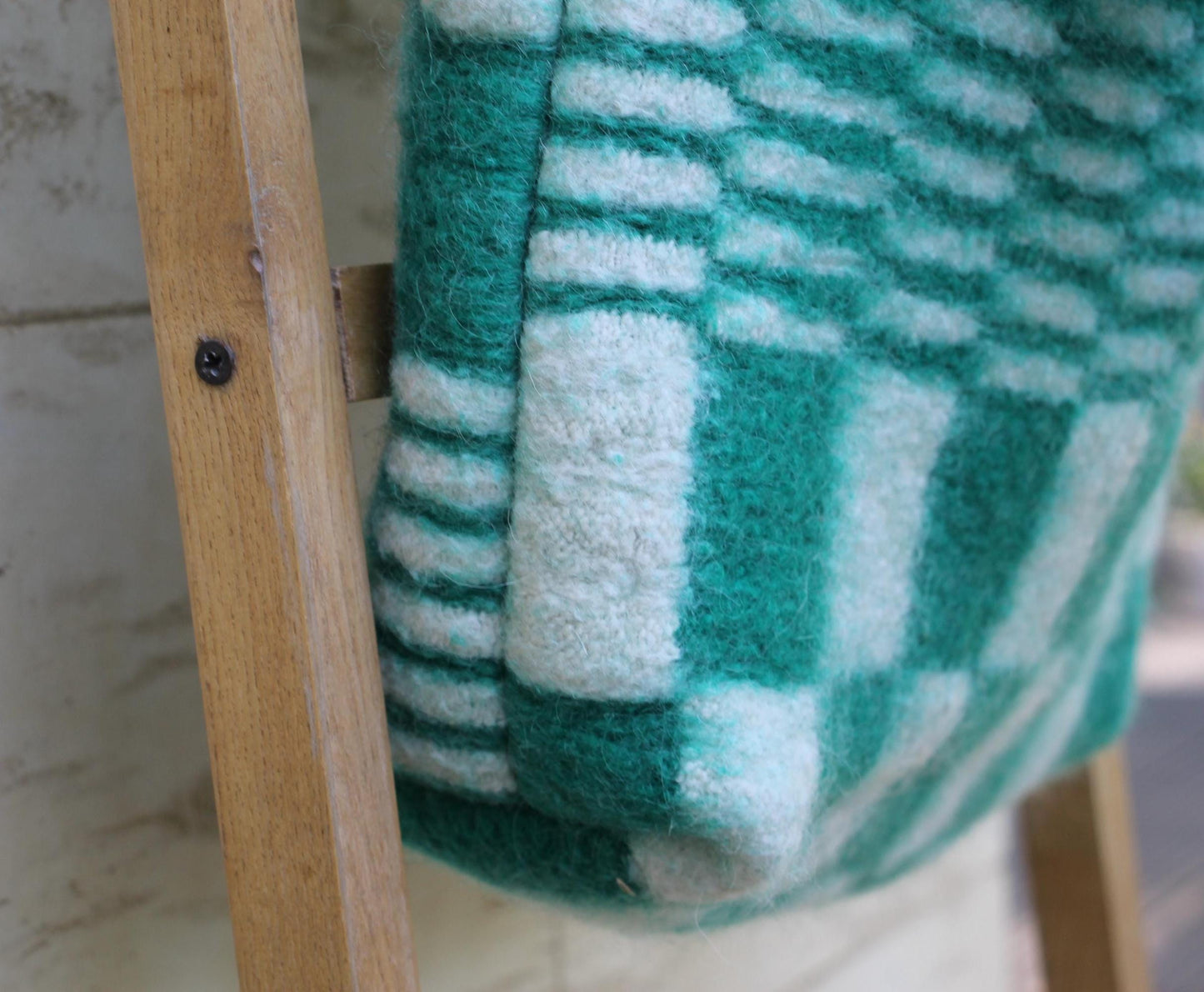 Green Wool Tote Bag Made from Vintage Blanket, Long Handles, Lined with Snap Closure, Upcycled Wool Shoulder Bag,Soft Cozy Handmade Tote