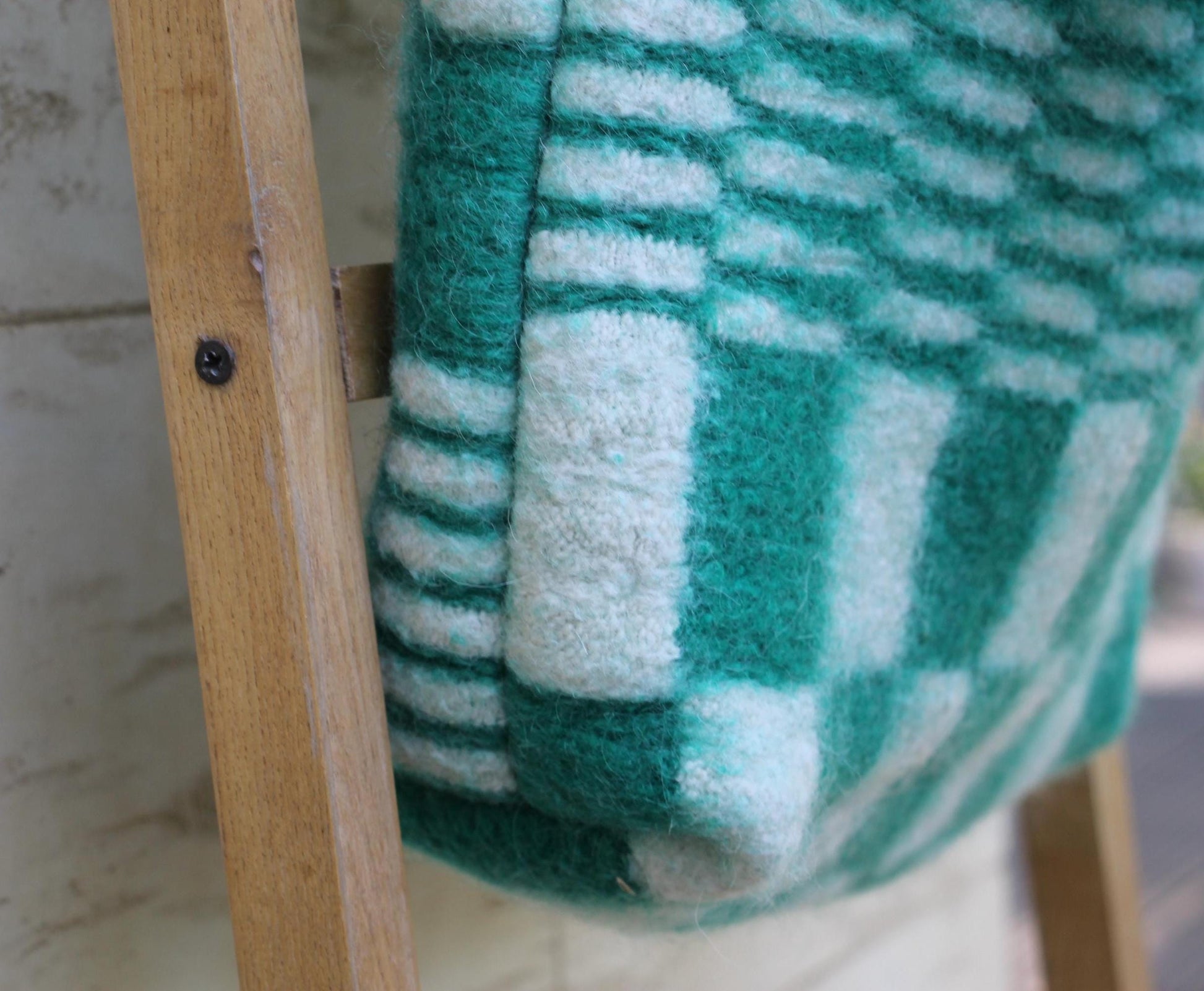 Green Wool Tote Bag Made from Vintage Blanket, Long Handles, Lined with Snap Closure, Upcycled Wool Shoulder Bag,Soft Cozy Handmade Tote