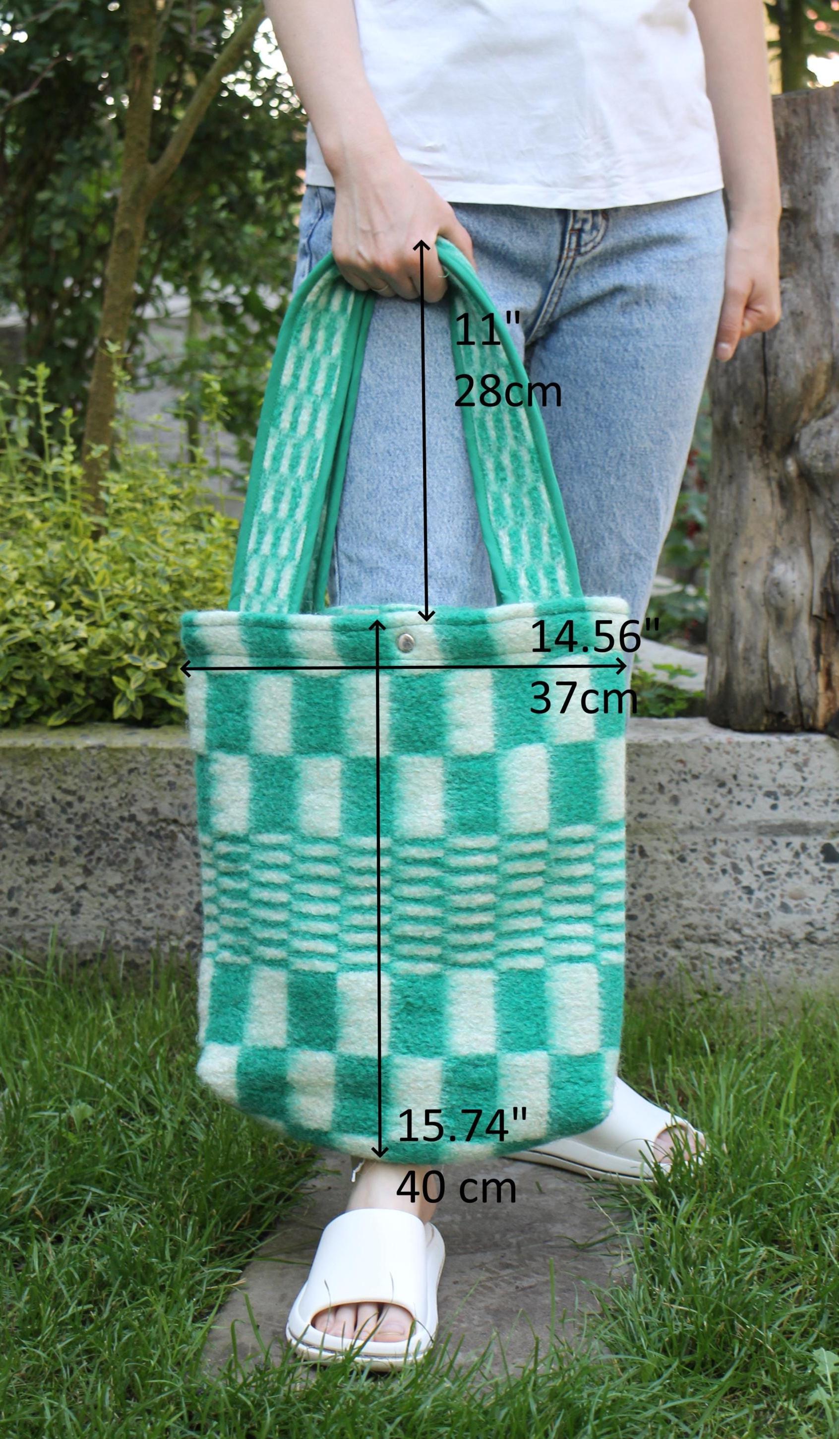 Green Wool Tote Bag Made from Vintage Blanket, Long Handles, Lined with Snap Closure, Upcycled Wool Shoulder Bag,Soft Cozy Handmade Tote