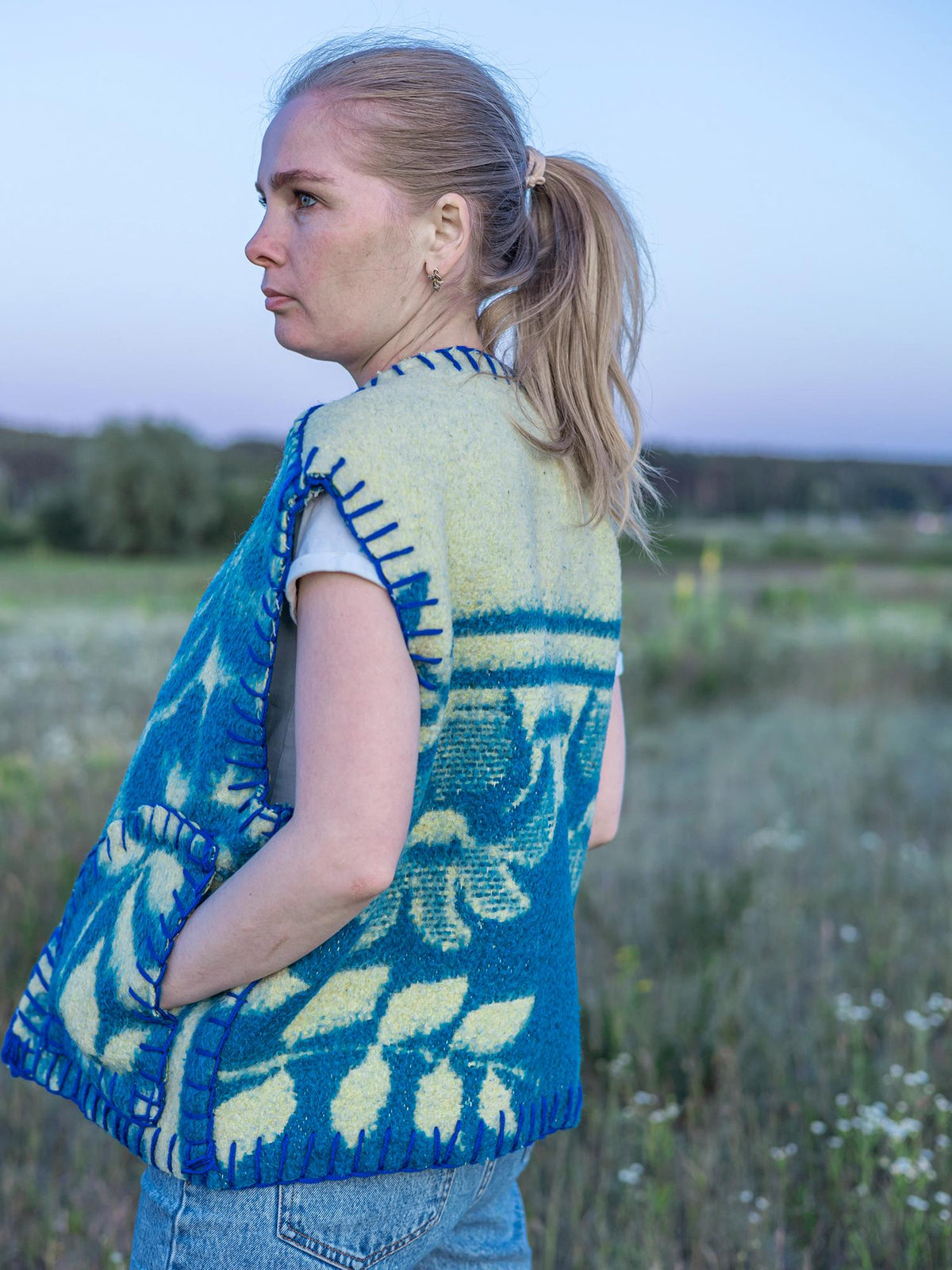Upcycled blue Wool Blanket Vest Size L,Vintage Ukrainian Sleeveless Jacket,Snap-Front,,clothing for women,handwarmer vest,gift for her.