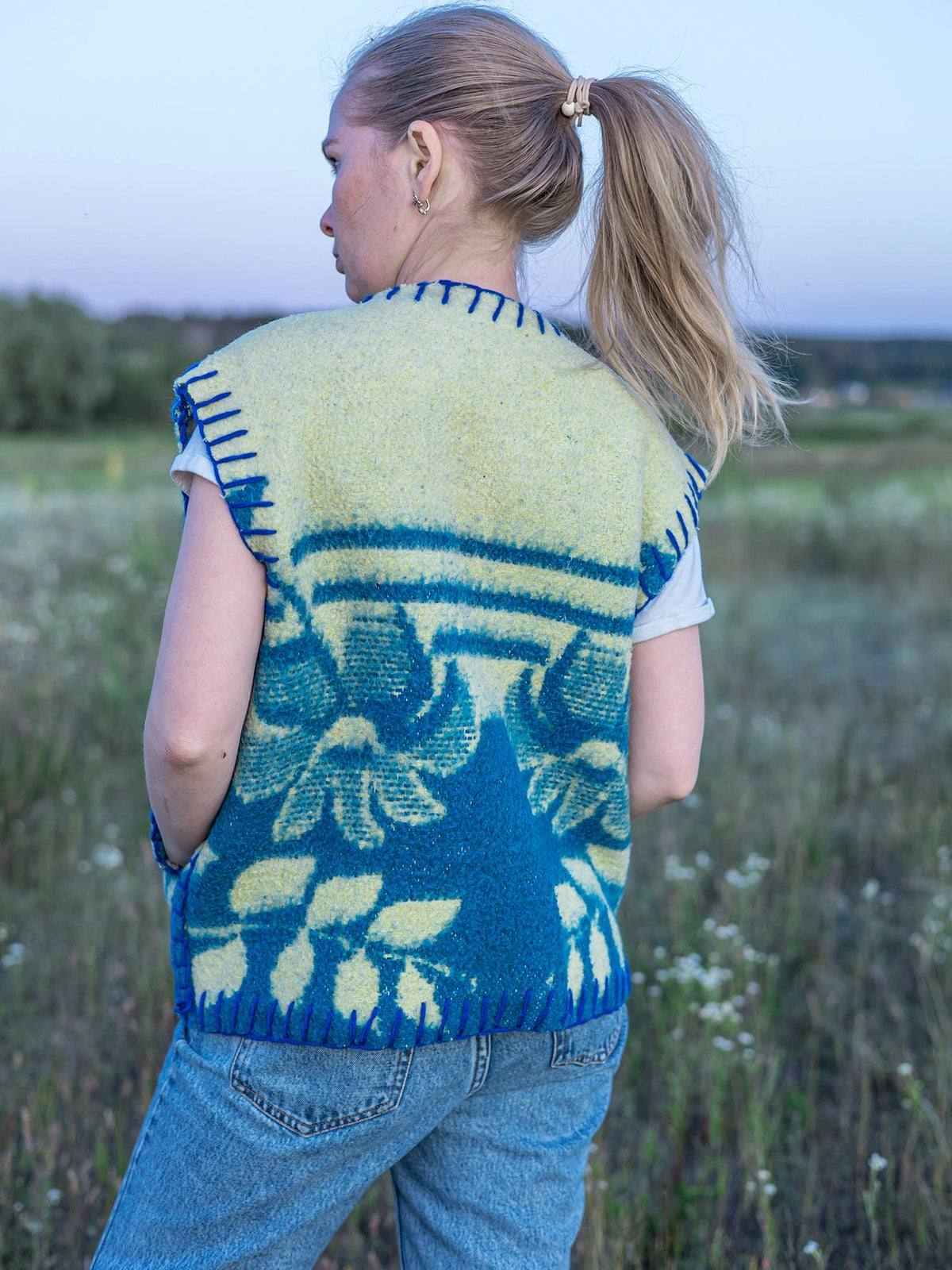 Upcycled blue Wool Blanket Vest Size L,Vintage Ukrainian Sleeveless Jacket,Snap-Front,,clothing for women,handwarmer vest,gift for her.