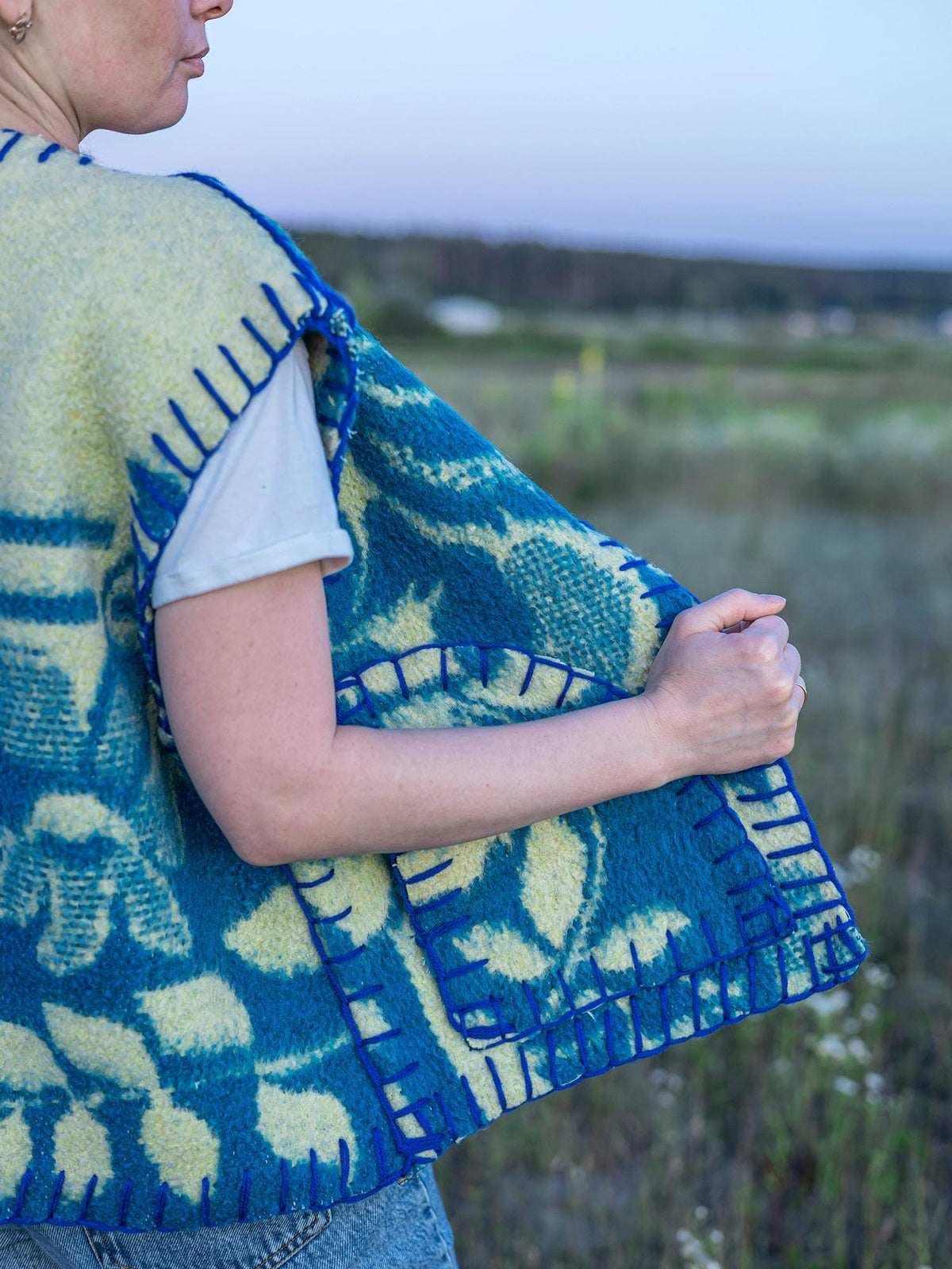 Upcycled blue Wool Blanket Vest Size L,Vintage Ukrainian Sleeveless Jacket,Snap-Front,,clothing for women,handwarmer vest,gift for her.