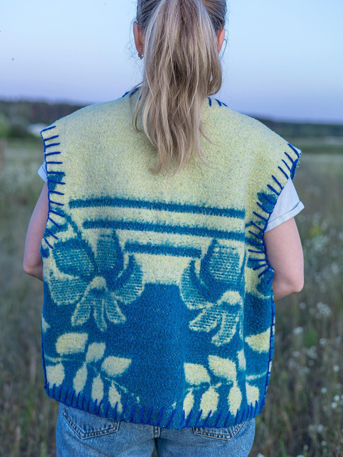 Upcycled blue Wool Blanket Vest Size L,Vintage Ukrainian Sleeveless Jacket,Snap-Front,,clothing for women,handwarmer vest,gift for her.