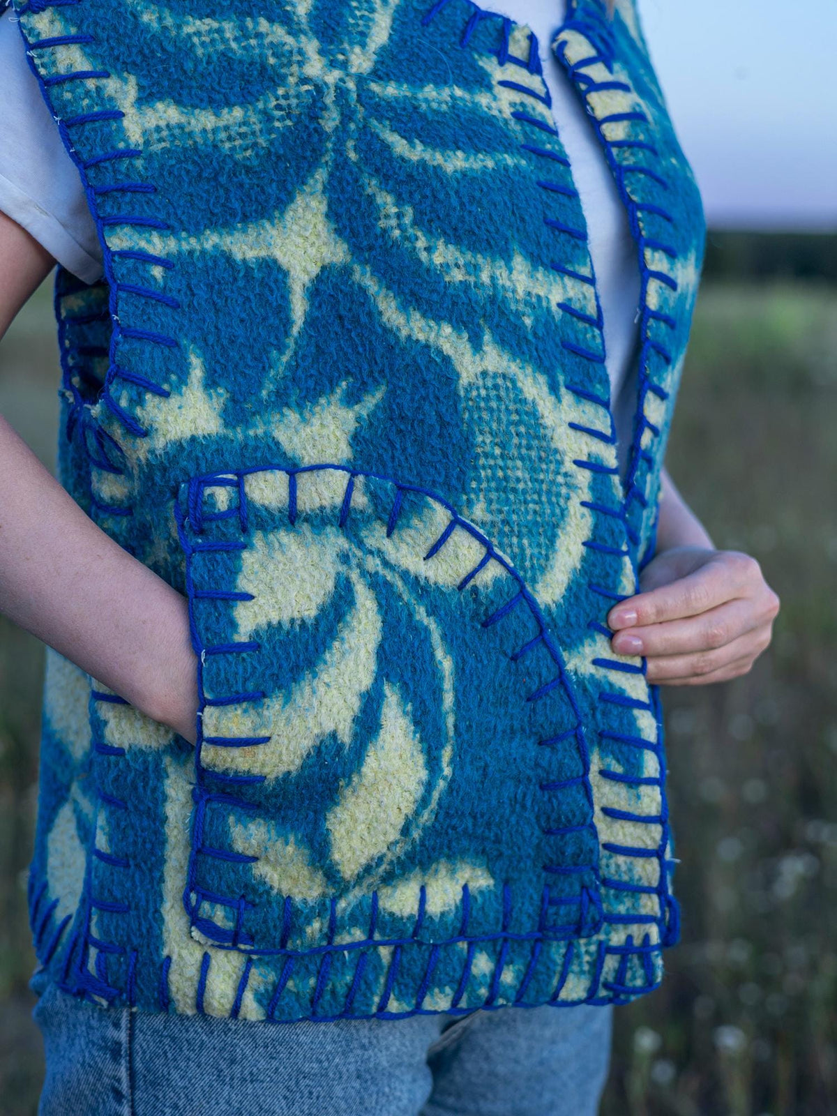 Upcycled blue Wool Blanket Vest Size L,Vintage Ukrainian Sleeveless Jacket,Snap-Front,,clothing for women,handwarmer vest,gift for her.