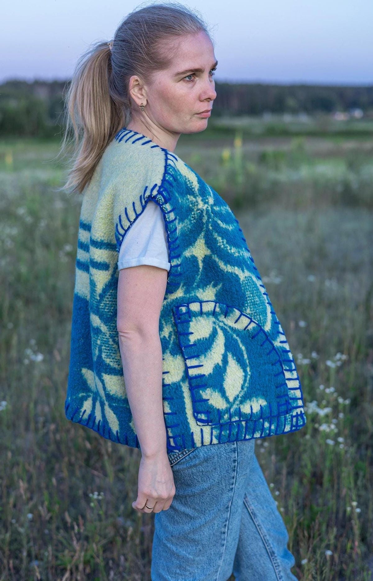 Upcycled blue Wool Blanket Vest Size L,Vintage Ukrainian Sleeveless Jacket,Snap-Front,,clothing for women,handwarmer vest,gift for her.