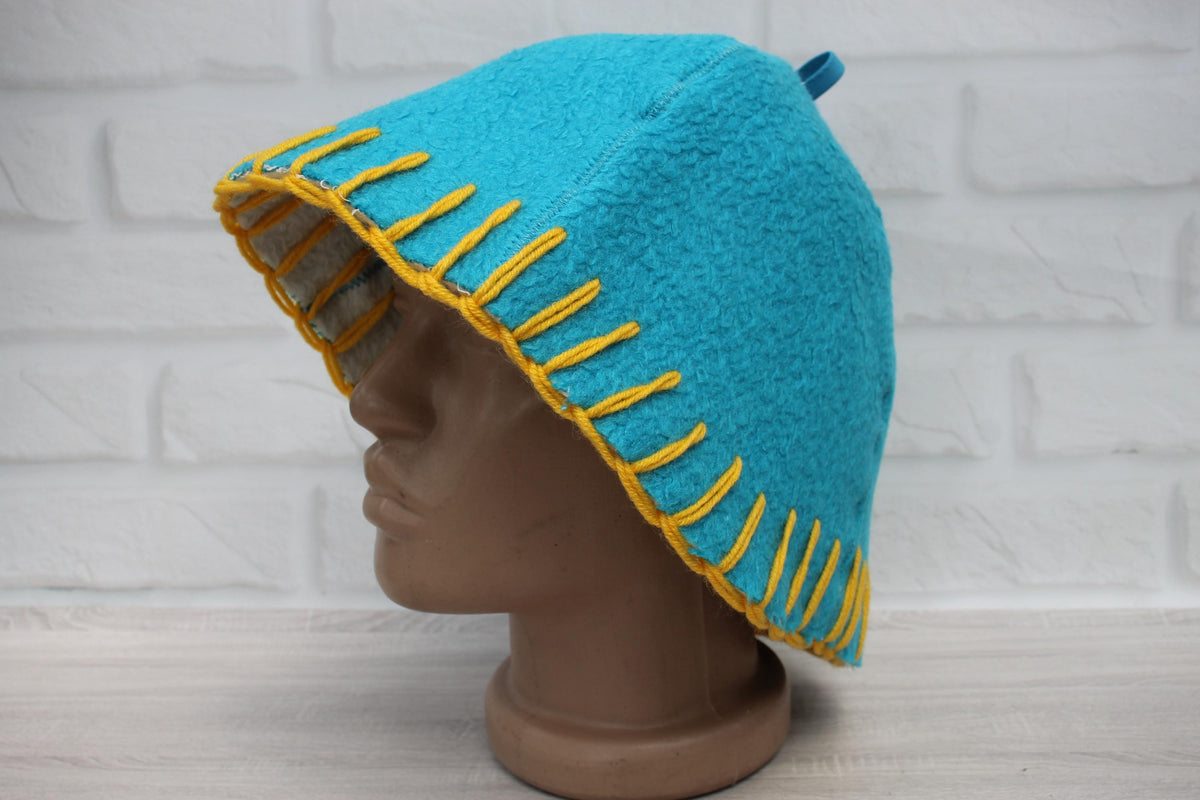 Handmade Wool Sauna Hat, Upcycled Vintage Blanket, Turquoise Banya Hat