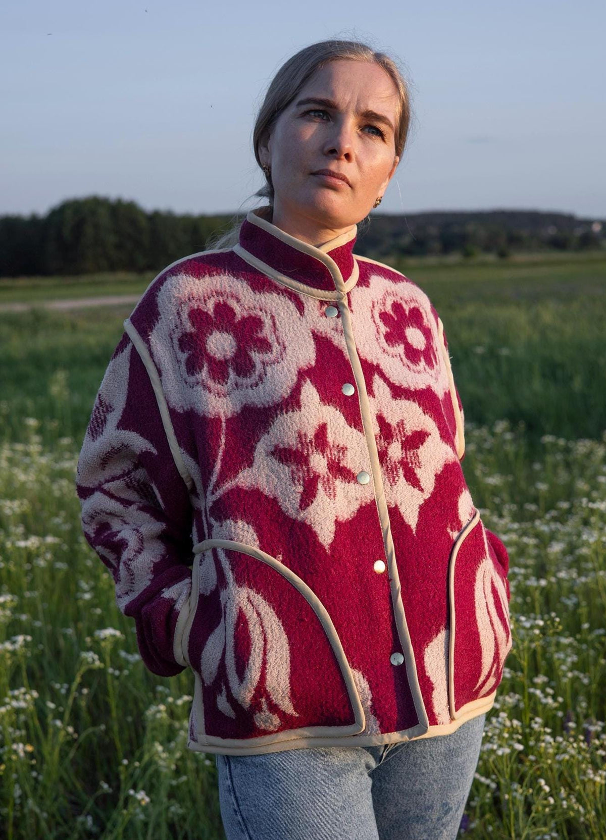 Upcycled Wool Blanket Jacket, Maroon Floral Coat, Boho Outerwear Size M