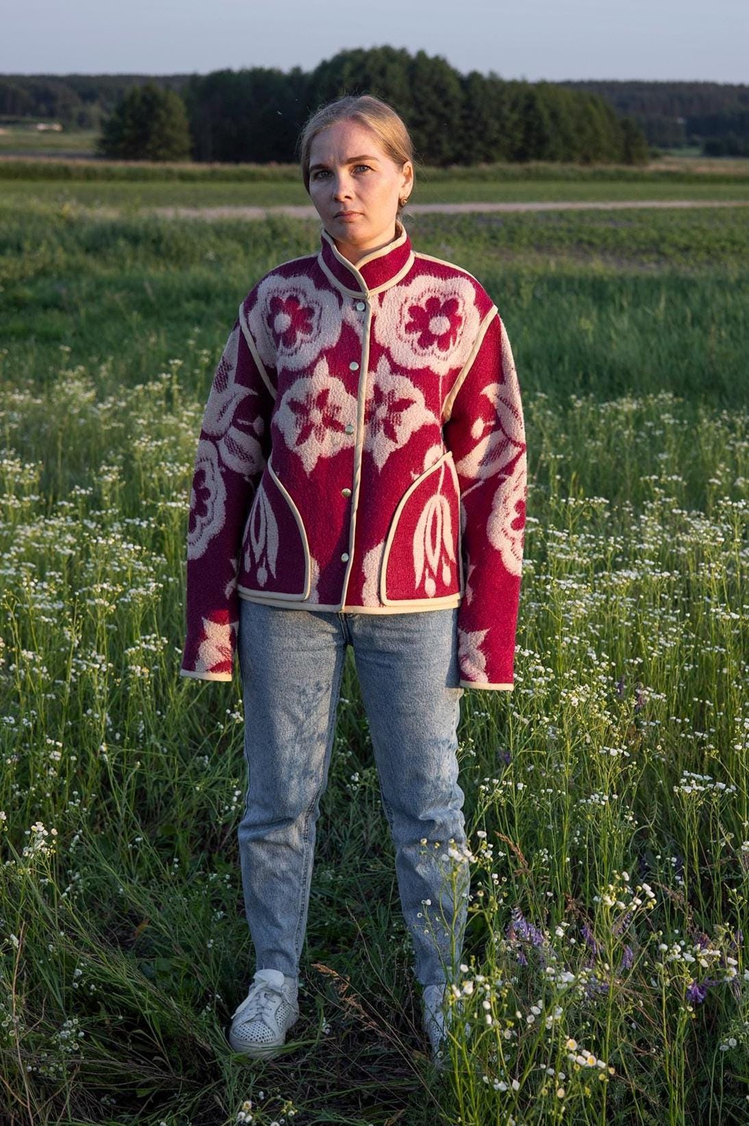 Upcycled Wool Blanket Jacket, Maroon Floral Coat, Boho Outerwear Size M