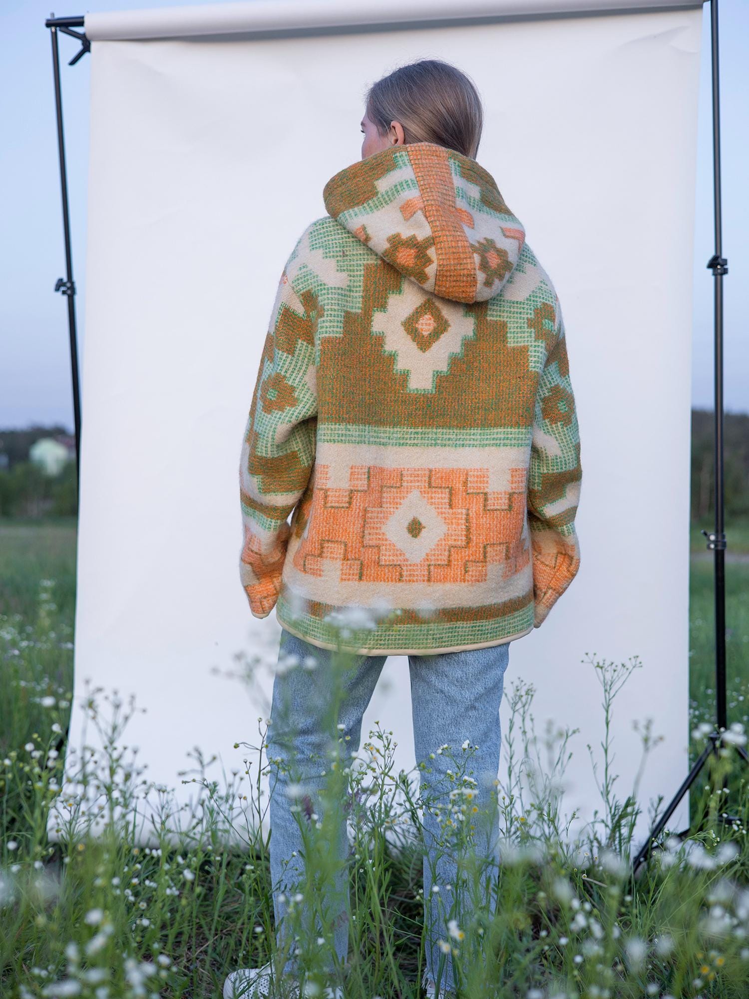 Upcycled Wool Blanket Hoodie, Ethnic Print Pullover Warm and Cozy Size M/L,wool hoodie mens,vintage hooded coat,hudson bay coat, jacket.