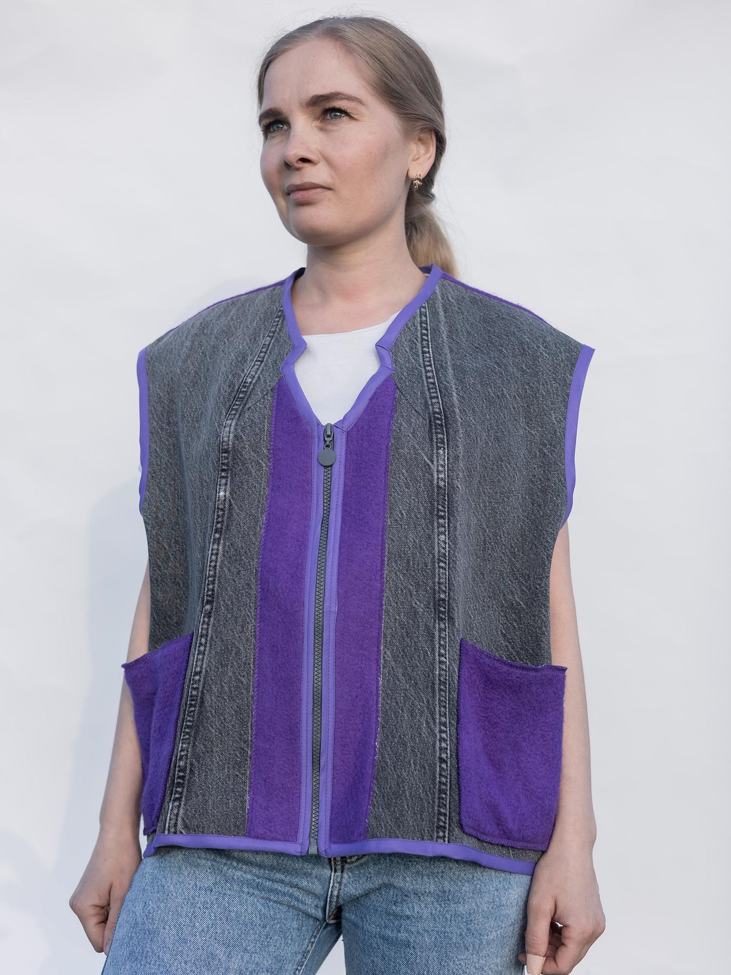 Upcycled Wool Vest with Denim Accents,Purple and Gray Vintage Sleeveless Jacket,Eco-Friendly Warm Gilet,Handmade in Ukraine Size M/L, gift.
