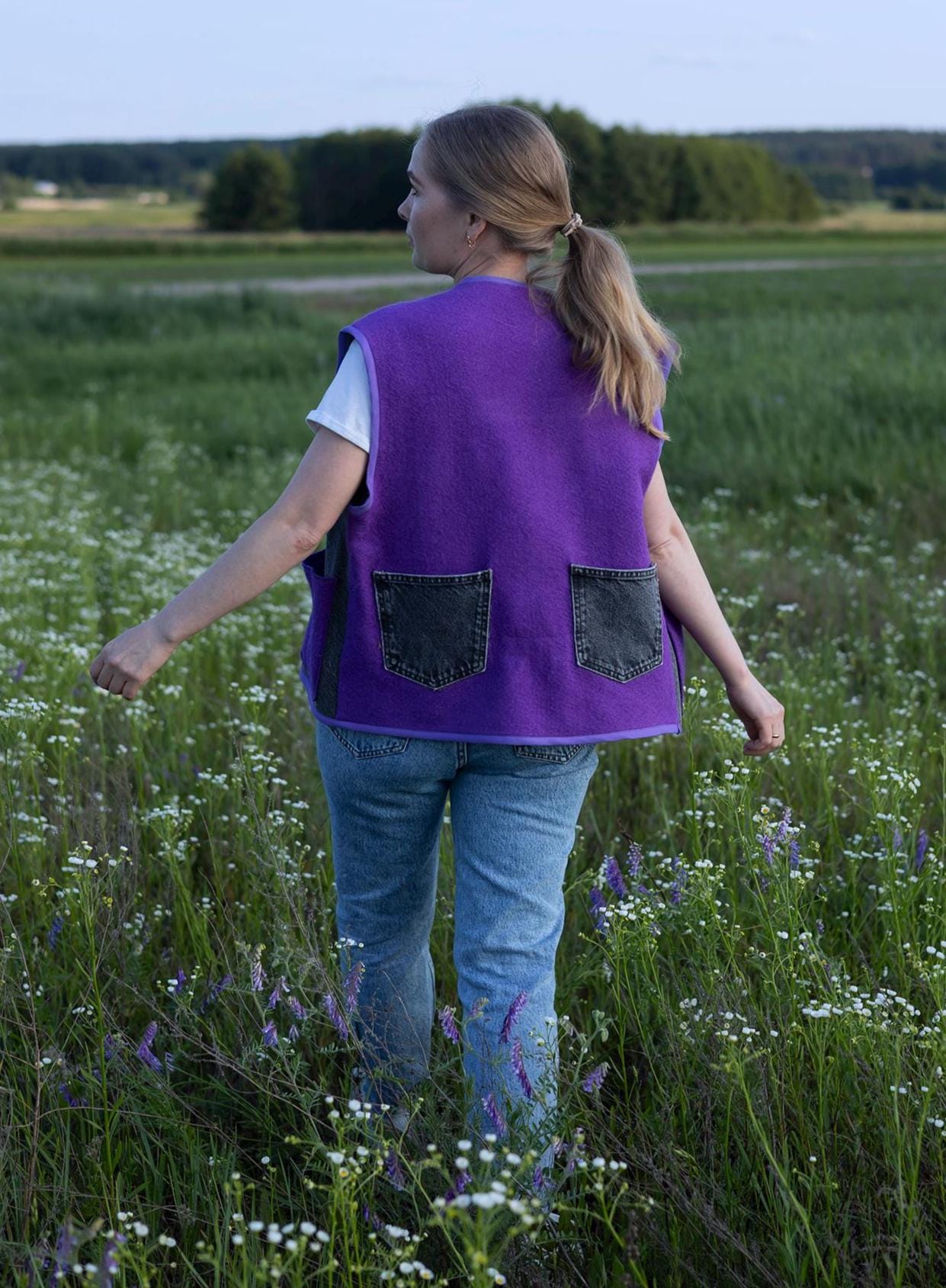 Upcycled Wool Vest with Denim Accents,Purple and Gray Vintage Sleeveless Jacket,Eco-Friendly Warm Gilet,Handmade in Ukraine Size M/L, gift.