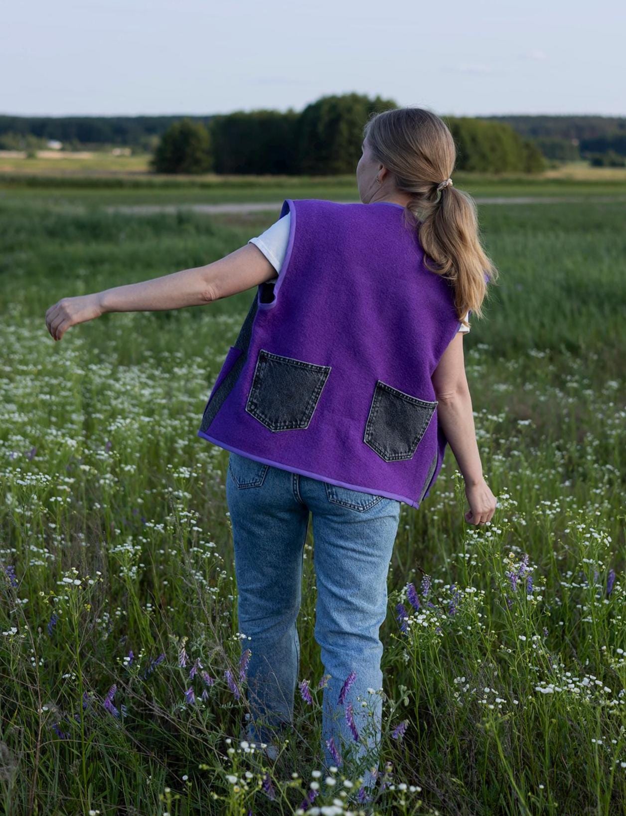 Upcycled Wool Vest with Denim Accents,Purple and Gray Vintage Sleeveless Jacket,Eco-Friendly Warm Gilet,Handmade in Ukraine Size M/L, gift.