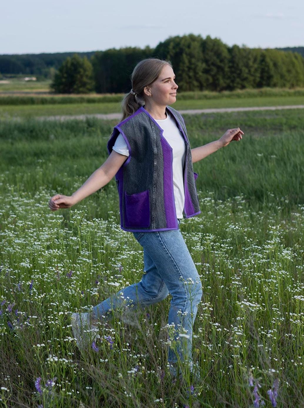 Upcycled Wool Vest with Denim Accents,Purple and Gray Vintage Sleeveless Jacket,Eco-Friendly Warm Gilet,Handmade in Ukraine Size M/L, gift.