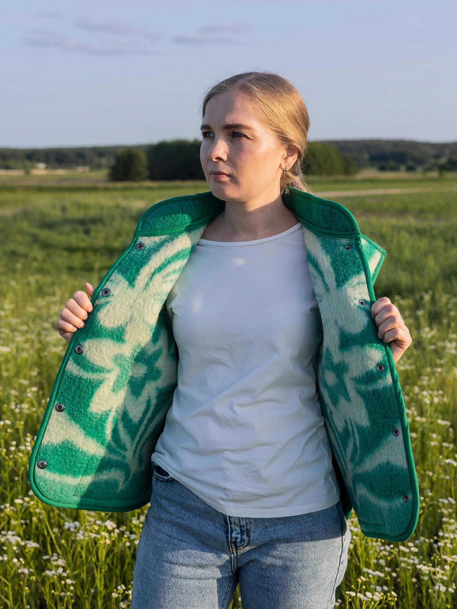 Upcycled Green Wool Blanket Vest,Vintage Ukrainian Sleeveless Jacket,Snap-Front,Size M-L,clothing for women,handwarmer vest,gift for her.