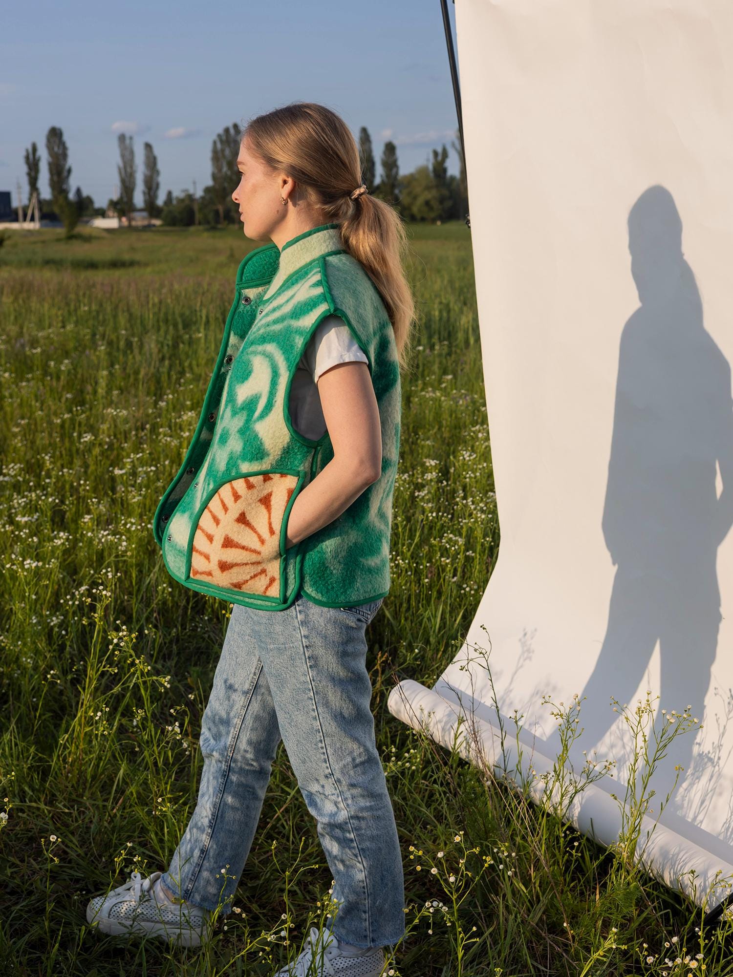 Upcycled Green Wool Blanket Vest,Vintage Ukrainian Sleeveless Jacket,Snap-Front,Size M-L,clothing for women,handwarmer vest,gift for her.