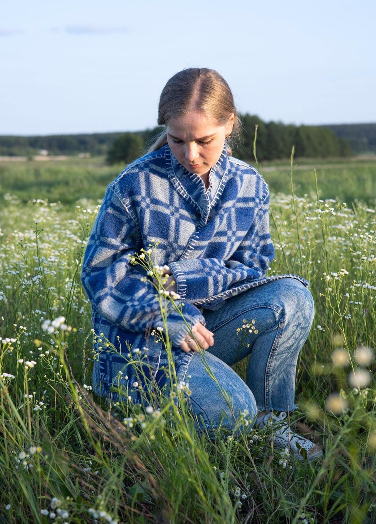 Vintage Blue Wool Jacket Women’s Size L, Upcycled Blanket Coat, Oversized Retro Checkered Jacket, Outerwear, Cozy Fall Winter Gift,upcycling