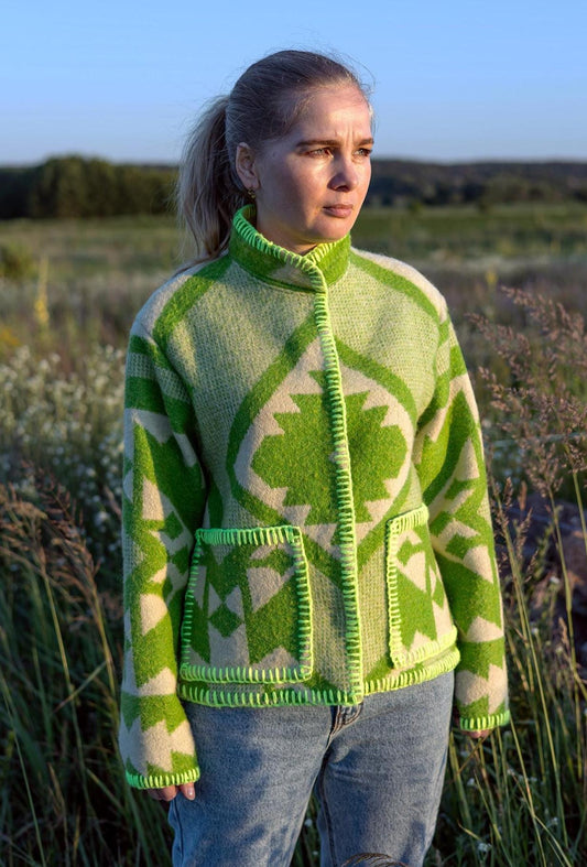 Wool Blanket Jacket Size S/M, vintage Boho Green Geometric Folk Coat Handmade Upcycled Eco Wool Outerwear, Ukrainian Wool, gift for her.