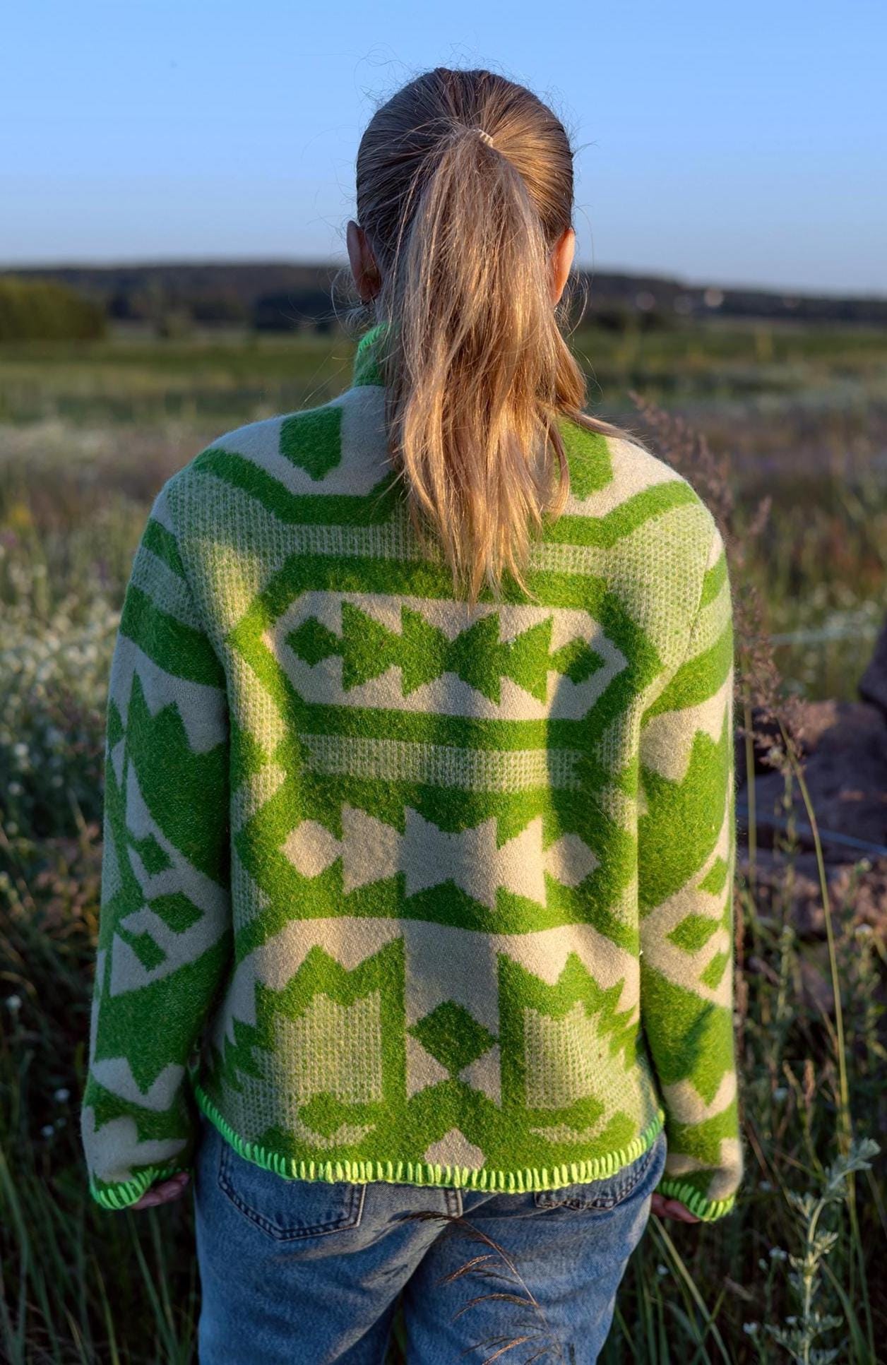 Wool Blanket Jacket Size S/M, vintage Boho Green Geometric Folk Coat Handmade Upcycled Eco Wool Outerwear, Ukrainian Wool, gift for her.