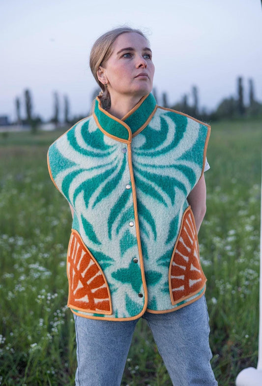 Wool Vest Size M L,Upcycled from Green Floral Blanket,Women's Handmade Warm Sleeveless Jacket,vintage wool vest,upcycled clothing for women.