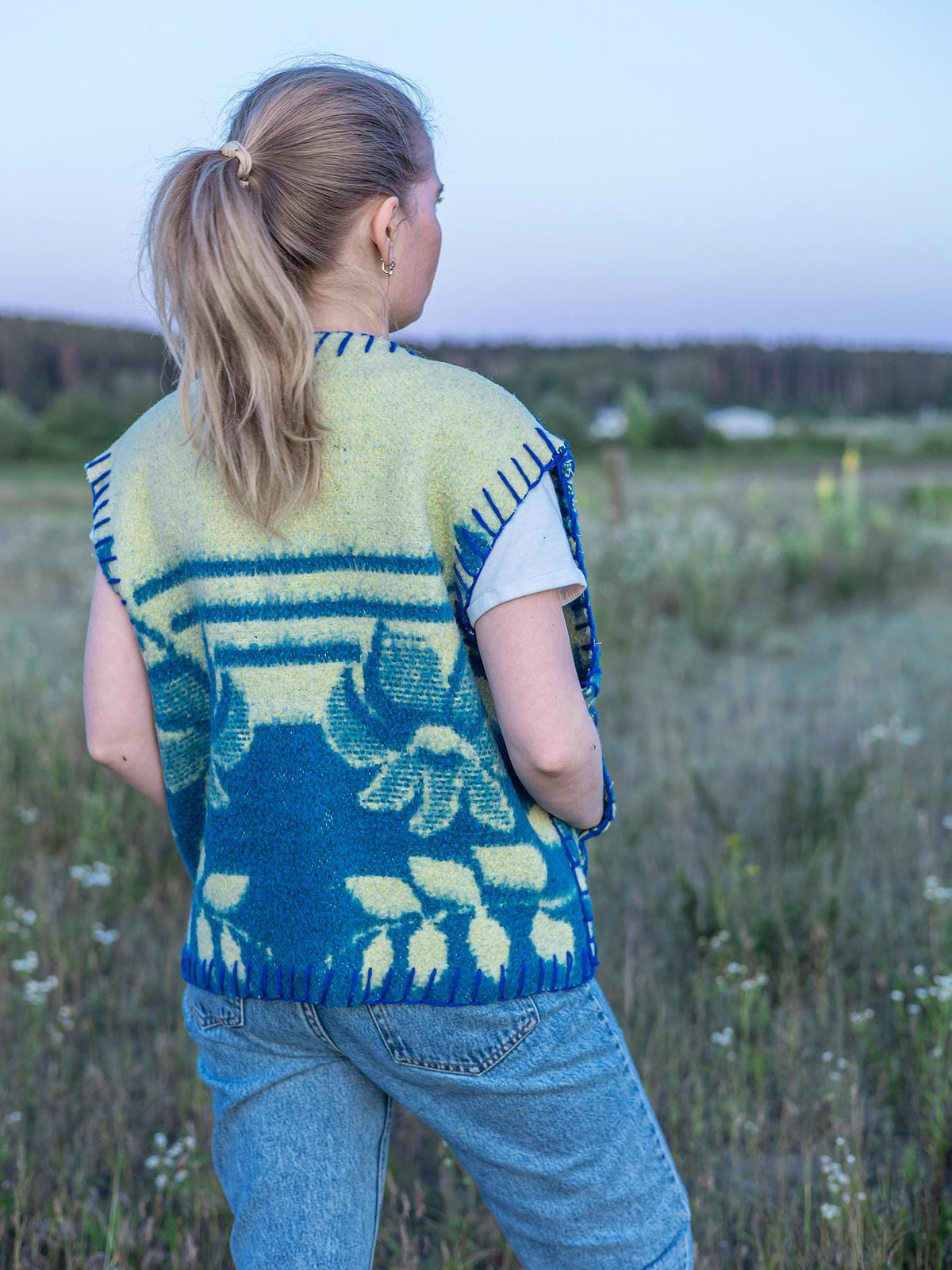 Upcycled blue Wool Blanket Vest Size L,Vintage Ukrainian Sleeveless Jacket,Snap-Front,,clothing for women,handwarmer vest,gift for her.