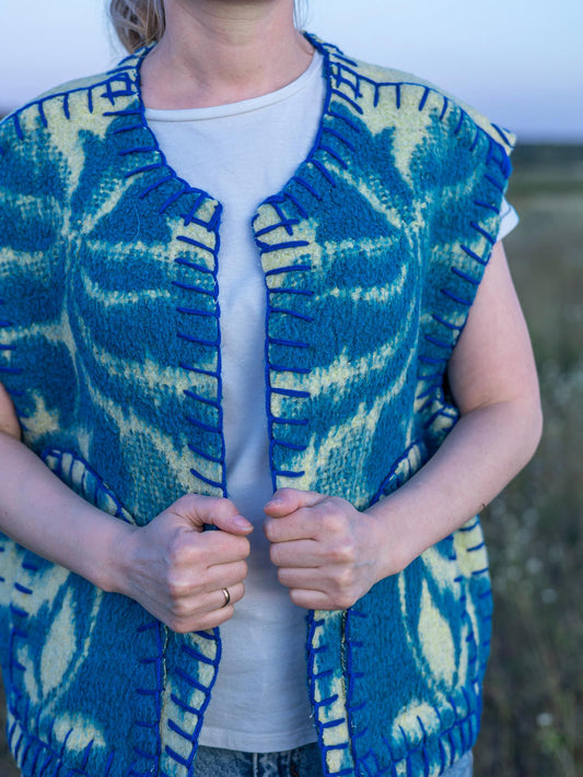 Upcycled blue Wool Blanket Vest Size L,Vintage Ukrainian Sleeveless Jacket,Snap-Front,,clothing for women,handwarmer vest,gift for her.