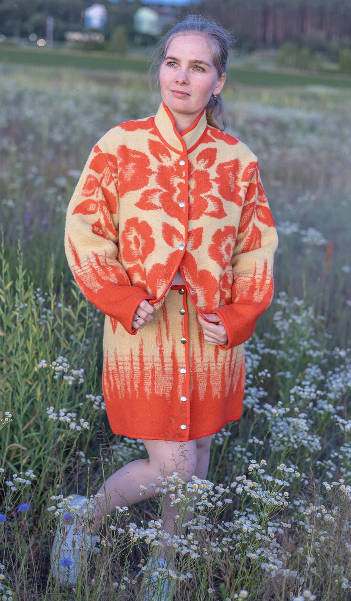 Wool Skirt and Jacket Set Made from Upcycled Vintage Blanket Red and Beige Floral size M One of a Kind, vintage handmade blanket coat.