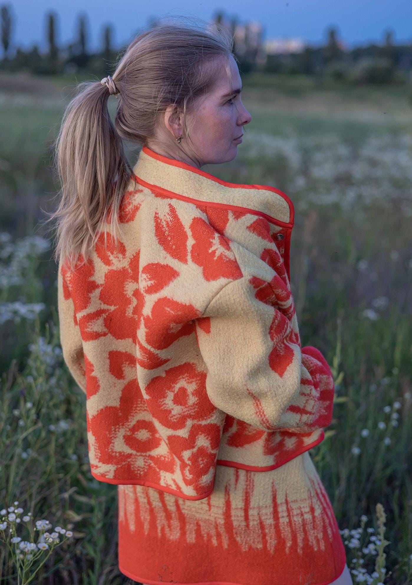 Wool Skirt and Jacket Set Made from Upcycled Vintage Blanket Red and Beige Floral size M One of a Kind, vintage handmade blanket coat.
