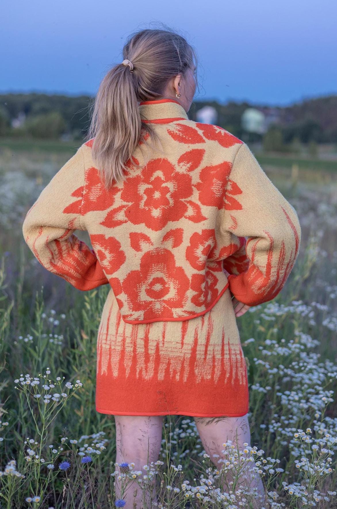 Wool Skirt and Jacket Set Made from Upcycled Vintage Blanket Red and Beige Floral size M One of a Kind, vintage handmade blanket coat.