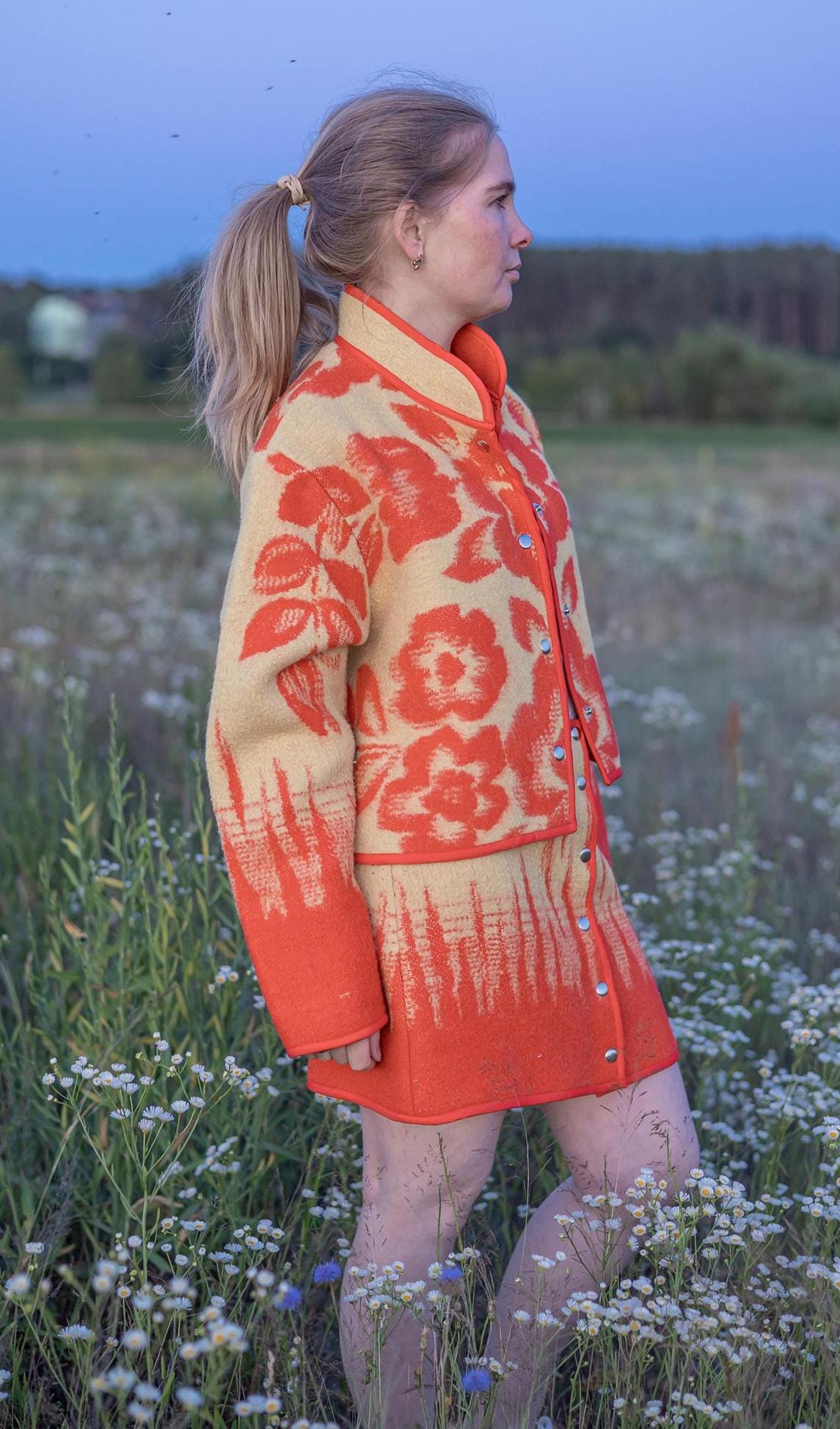 Wool Skirt and Jacket Set Made from Upcycled Vintage Blanket Red and Beige Floral size M One of a Kind, vintage handmade blanket coat.