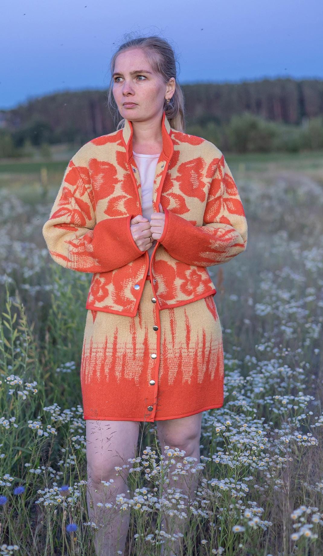 Wool Skirt and Jacket Set Made from Upcycled Vintage Blanket Red and Beige Floral size M One of a Kind, vintage handmade blanket coat.