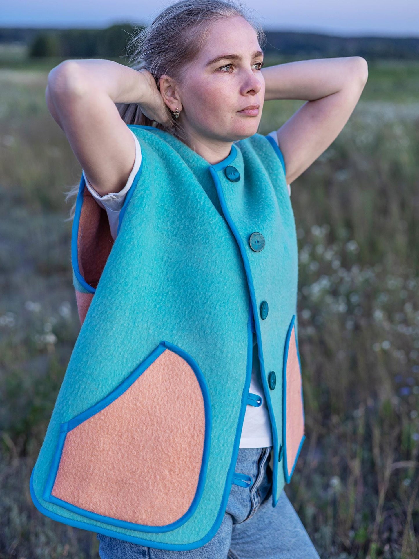 Handmade Wool Vest, Upcycled from Vintage Blanket Blue Peach Pockets size M/L Eco Gift Idea,upcycled clothing for women, cropped wool vest.