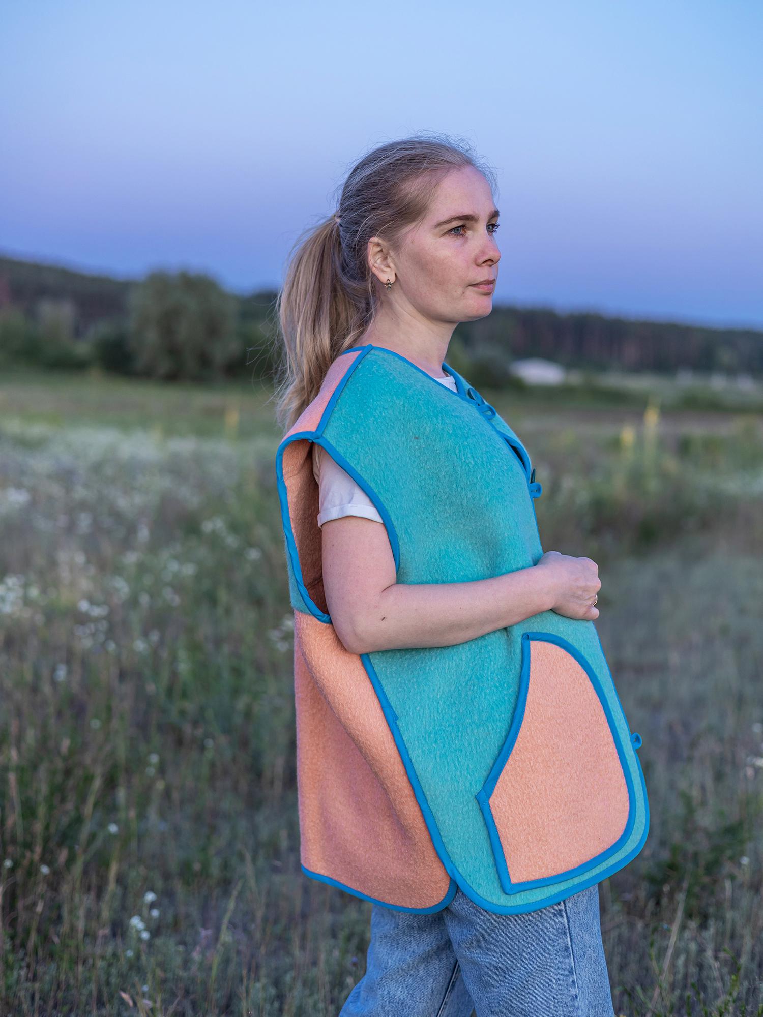 Handmade Wool Vest, Upcycled from Vintage Blanket Blue Peach Pockets size M/L Eco Gift Idea,upcycled clothing for women, cropped wool vest.