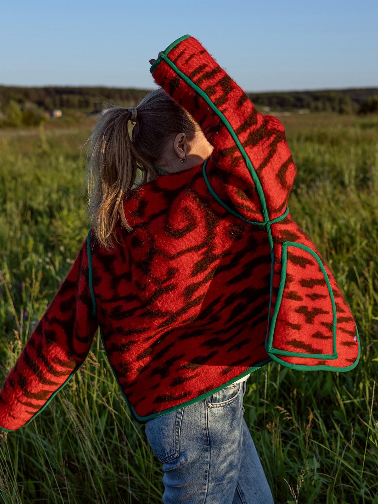 Red Vintage Wool Blanket Jacket, Upcycled Oversized Coat M L (46–48) Handmade Warm Outerwear, Eco Tiger Print Boho Jacket, gift for her.