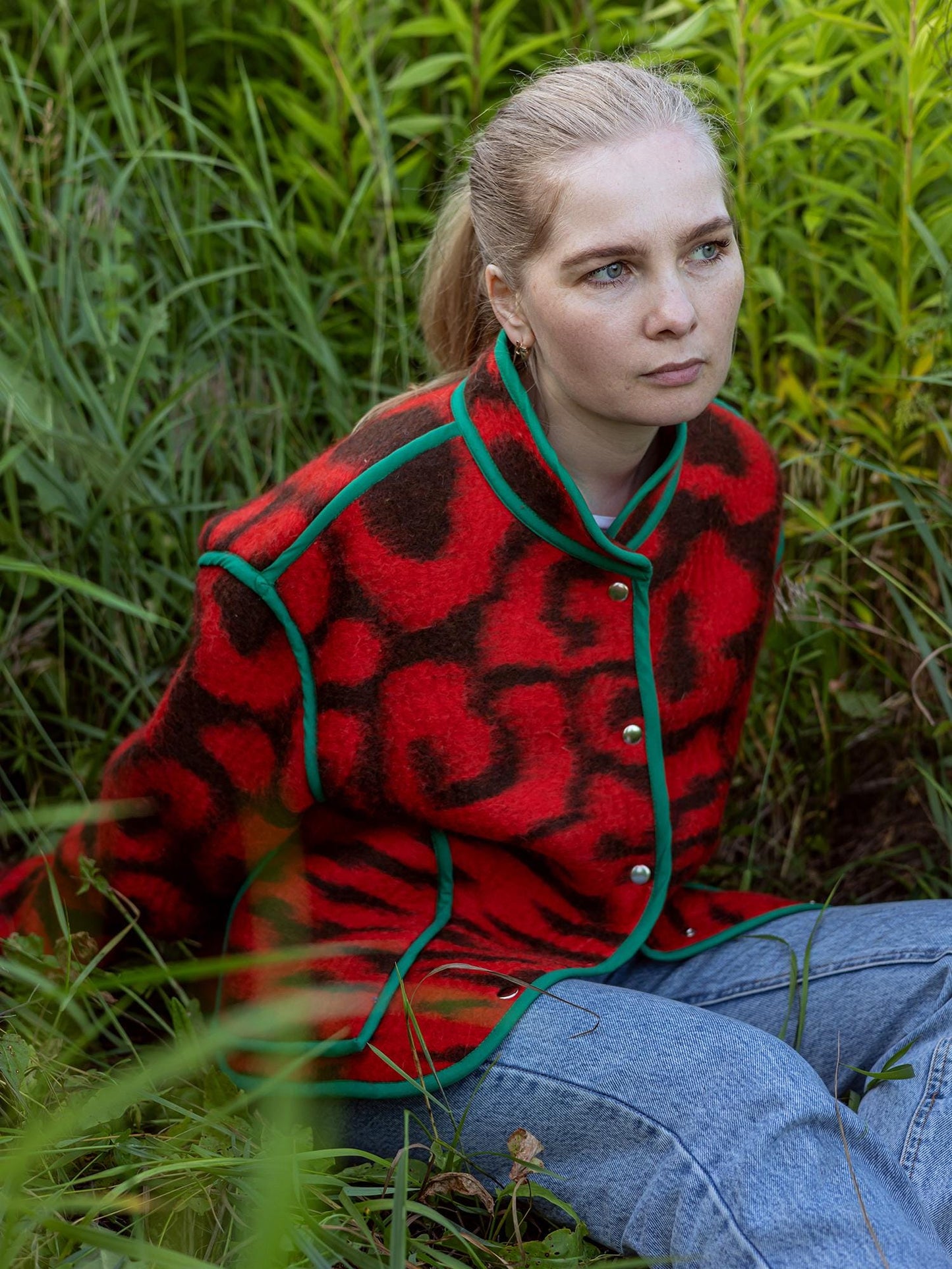 Red Vintage Wool Blanket Jacket, Upcycled Oversized Coat M L (46–48) Handmade Warm Outerwear, Eco Tiger Print Boho Jacket, gift for her.