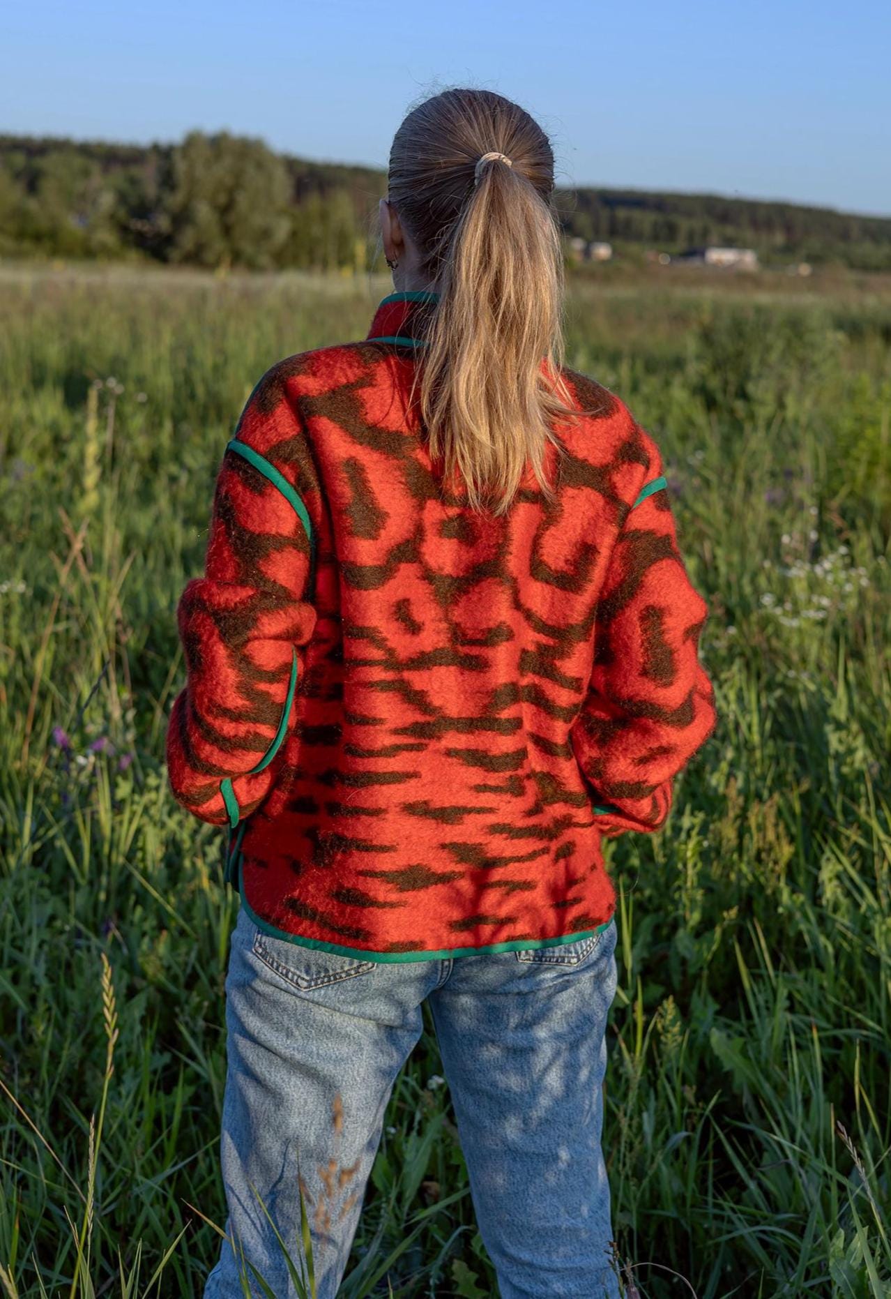 Red Vintage Wool Blanket Jacket, Upcycled Oversized Coat M L (46–48) Handmade Warm Outerwear, Eco Tiger Print Boho Jacket, gift for her.