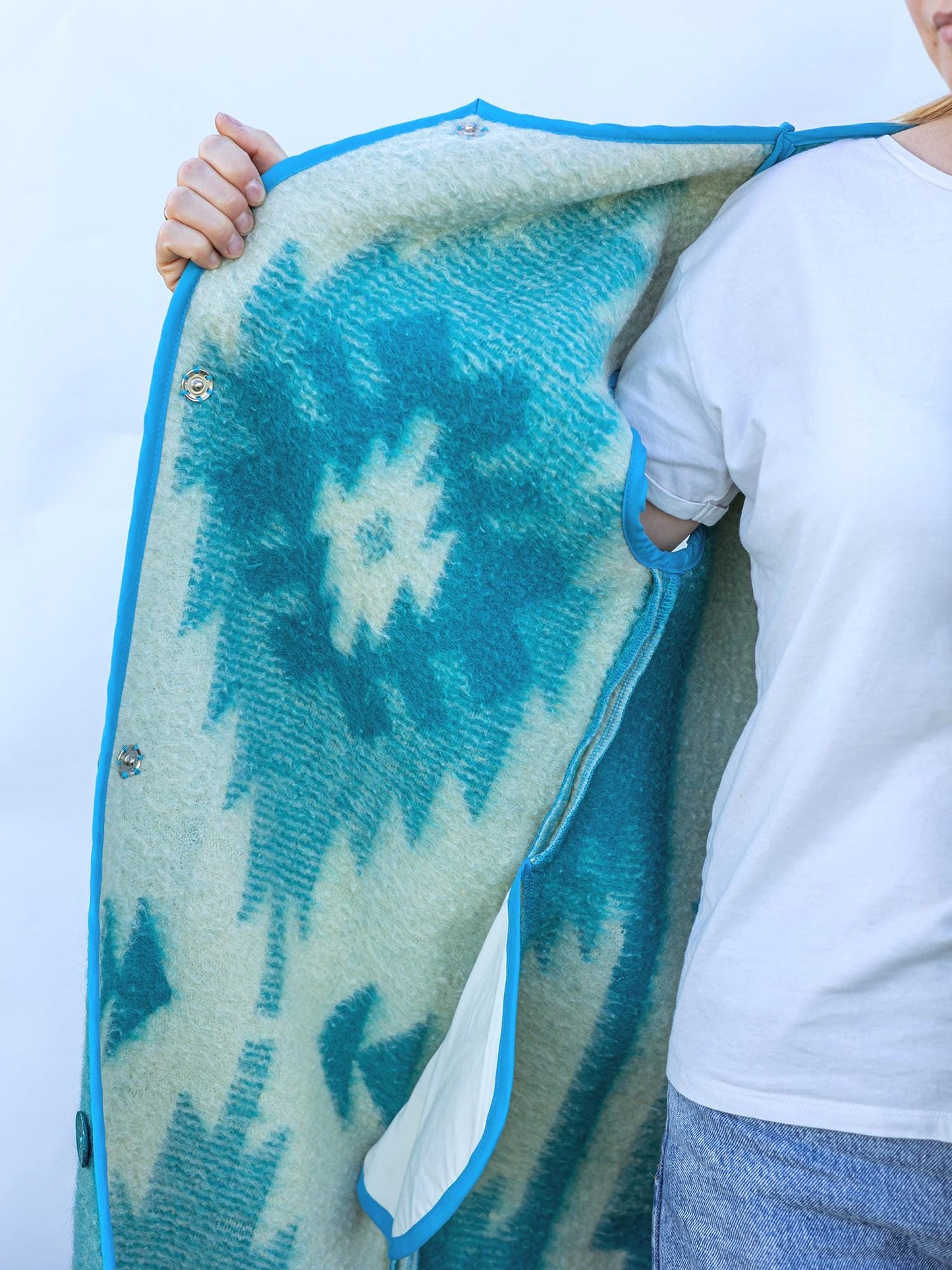 Vintage Wool Blanket Vest Size 46–48 M L, Handmade Long Sleeveless Coat Upcycled Blue Boho Outerwear One of a Kind Warm Layer,blanket coat.