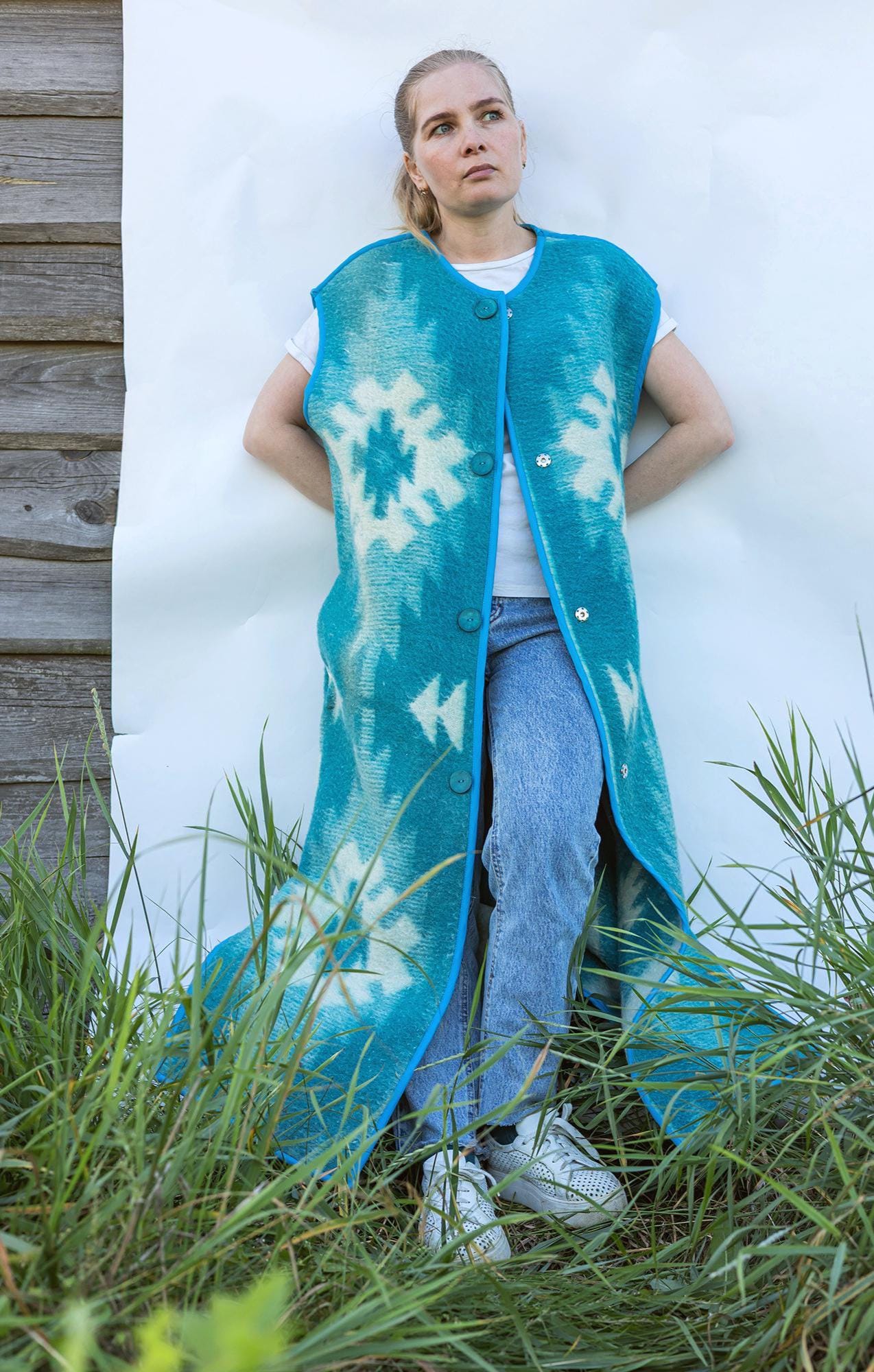 Vintage Wool Blanket Vest Size 46–48 M L, Handmade Long Sleeveless Coat Upcycled Blue Boho Outerwear One of a Kind Warm Layer,blanket coat.