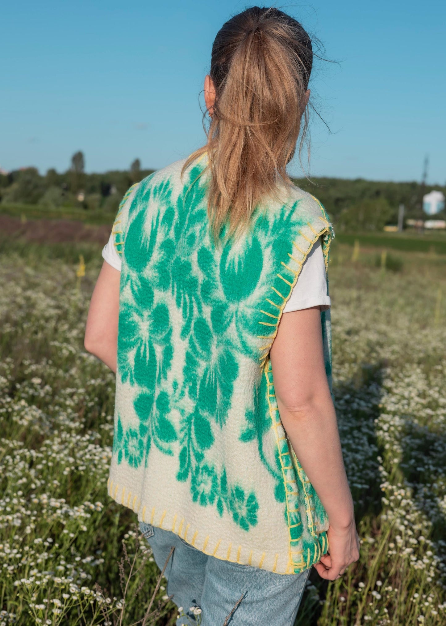 Wool Vest Size M,Upcycled from Green Floral Blanket,Women's Handmade Warm Sleeveless Jacket,vintage wool vest,upcycled clothing for women.