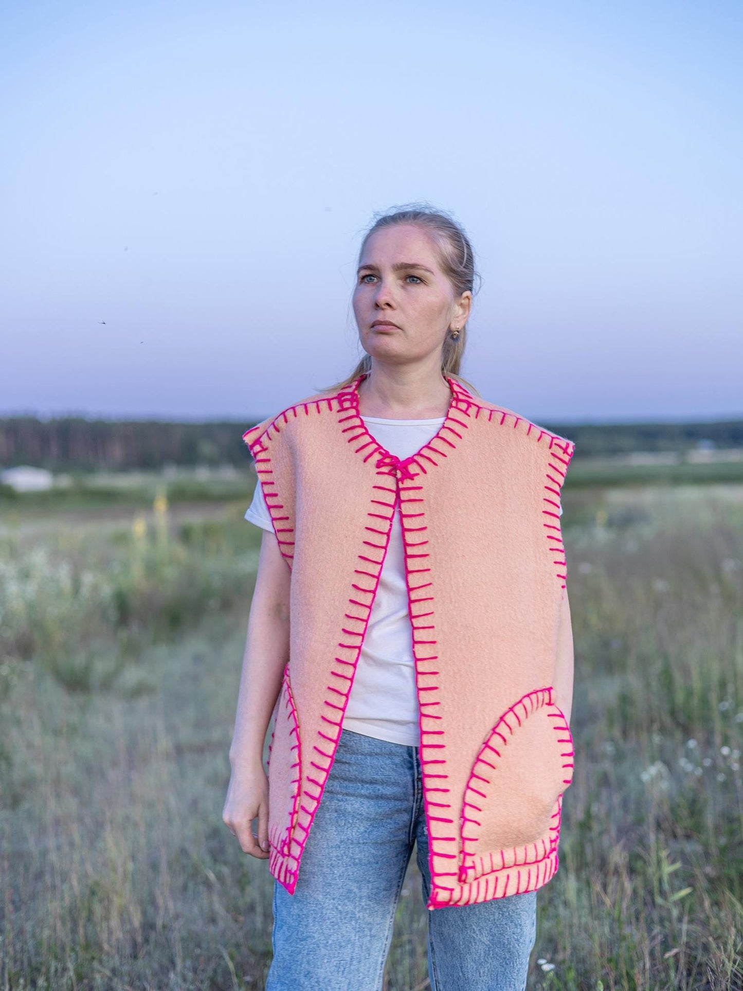 Vintage wool vest L 50 size, Upcycled blanket vest, Handmade oversized sleeveless jacket, Orange pink boho vest Gift for her, reworked vest,