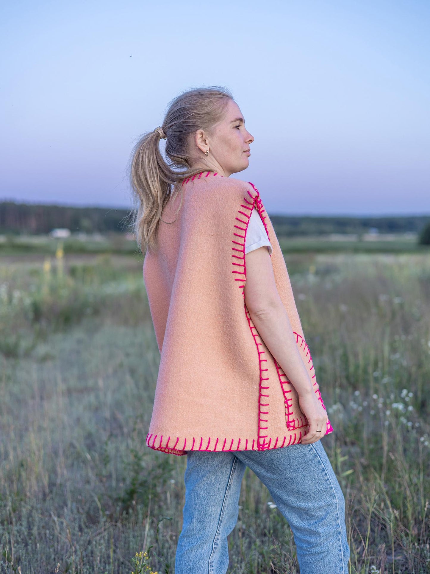 Vintage wool vest L 50 size, Upcycled blanket vest, Handmade oversized sleeveless jacket, Orange pink boho vest Gift for her, reworked vest,