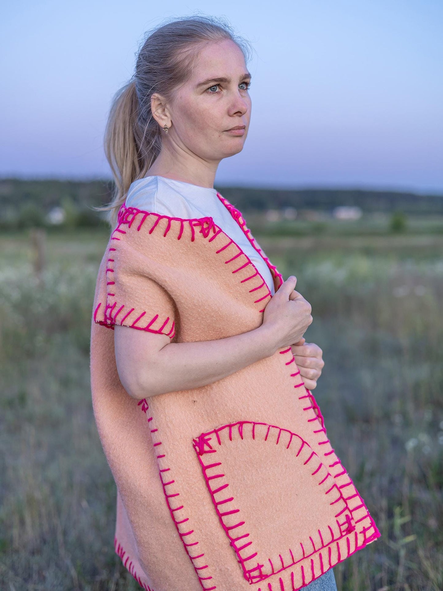 Vintage wool vest L 50 size, Upcycled blanket vest, Handmade oversized sleeveless jacket, Orange pink boho vest Gift for her, reworked vest,