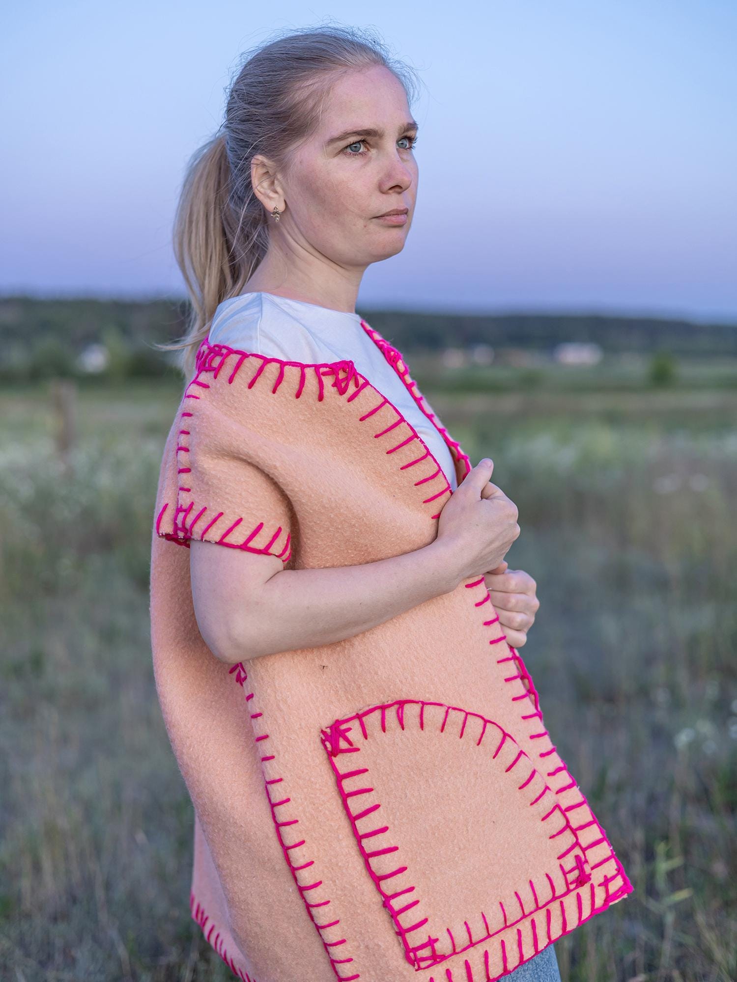 Vintage wool vest L 50 size, Upcycled blanket vest, Handmade oversized sleeveless jacket, Orange pink boho vest Gift for her, reworked vest,