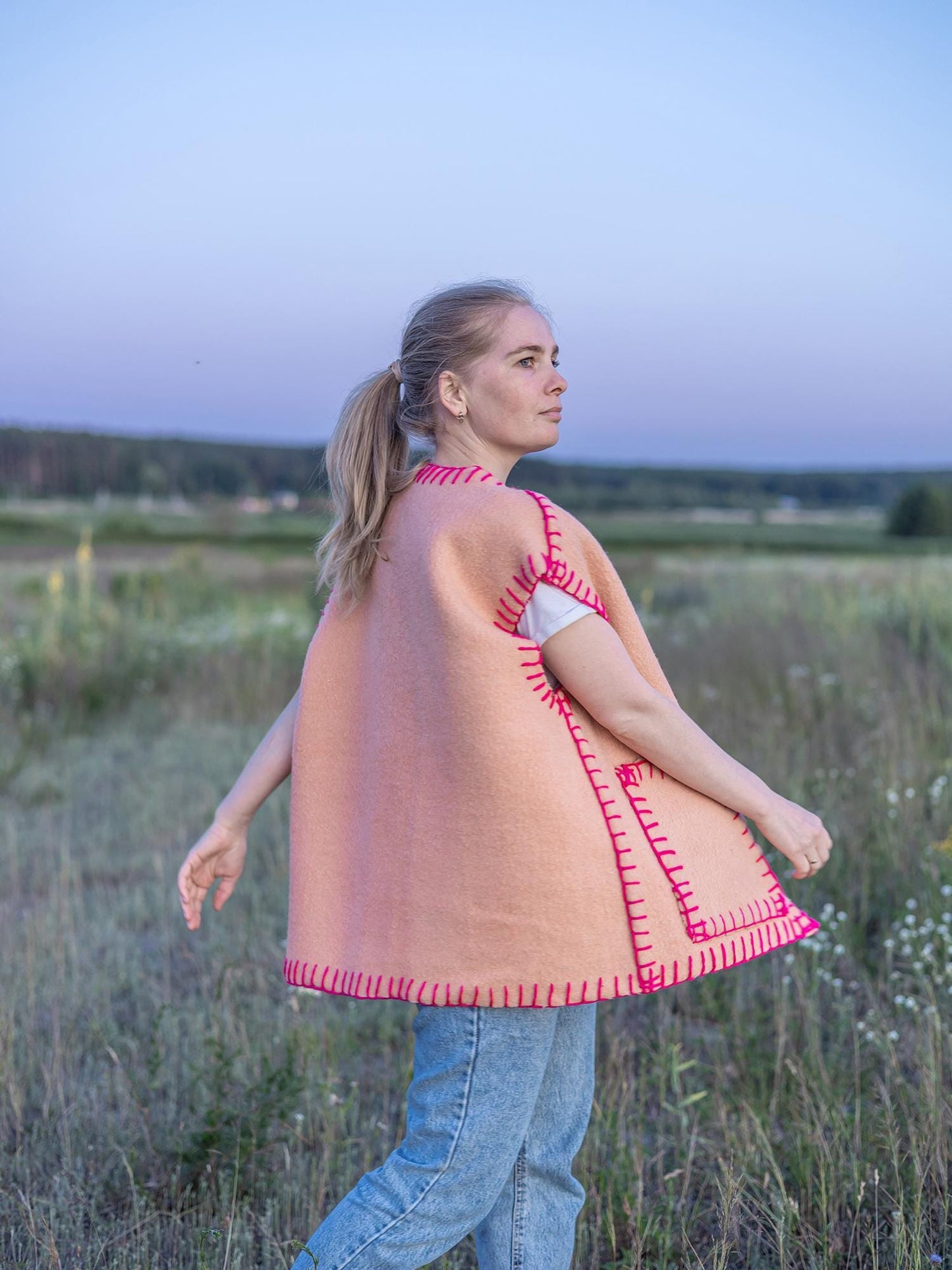 Vintage wool vest L 50 size, Upcycled blanket vest, Handmade oversized sleeveless jacket, Orange pink boho vest Gift for her, reworked vest,